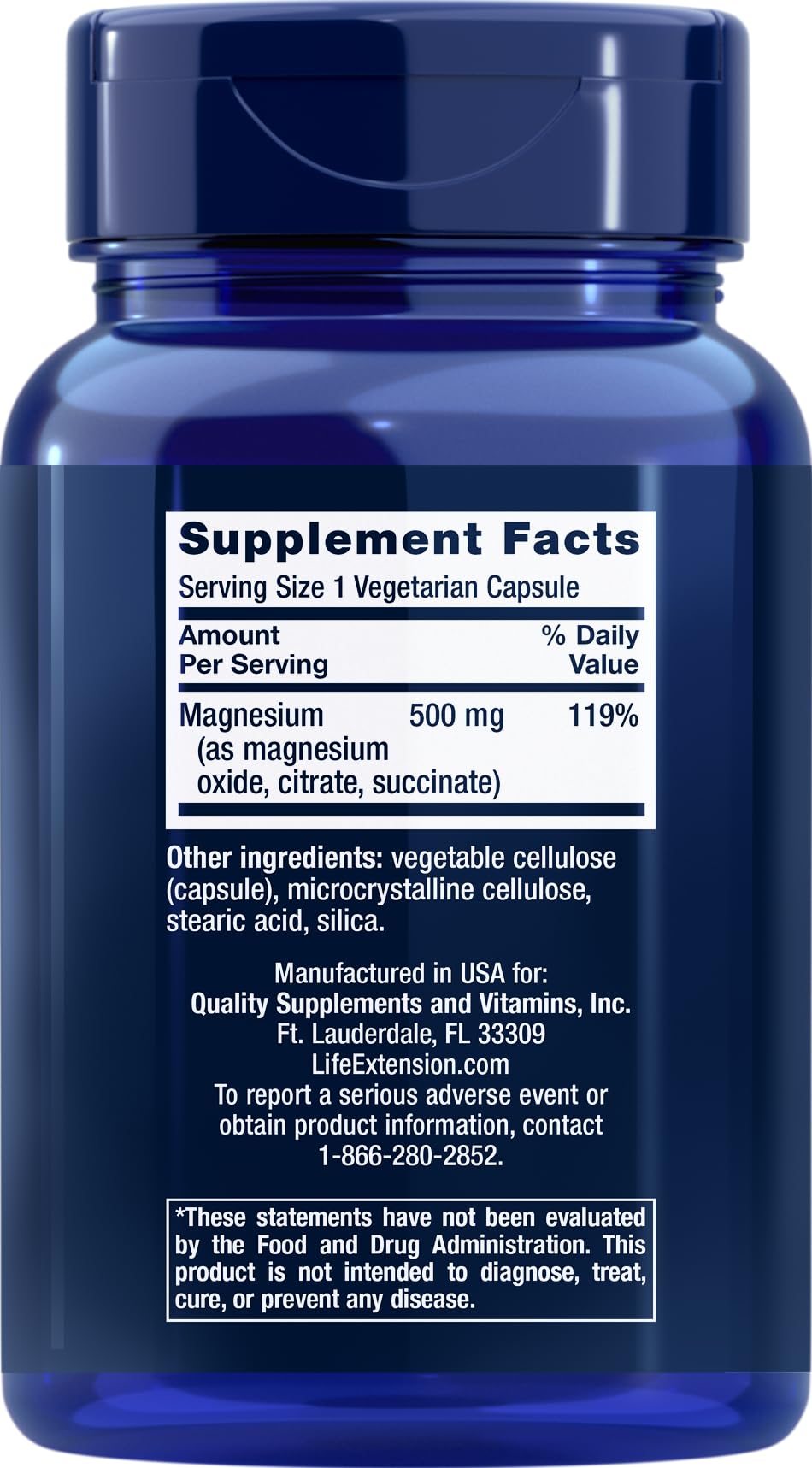 Life Extension Magnesium 500 mg – 100 Vegetarian Capsules (Pack of 3) | Non-GMO