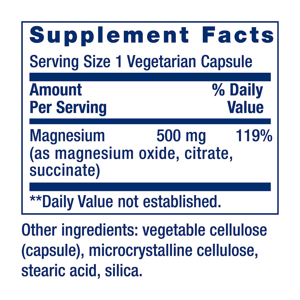 Life Extension Magnesium Caps 500 mg – Mg Oxide/Citrate/Succinate – 2x100 Veg Caps