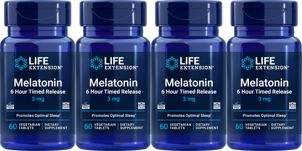 Life Extension Melatonin 6 Hour Timed Release 3 mg | 60 Vegetarian Tablets (Pack of 4) - Sleep Support