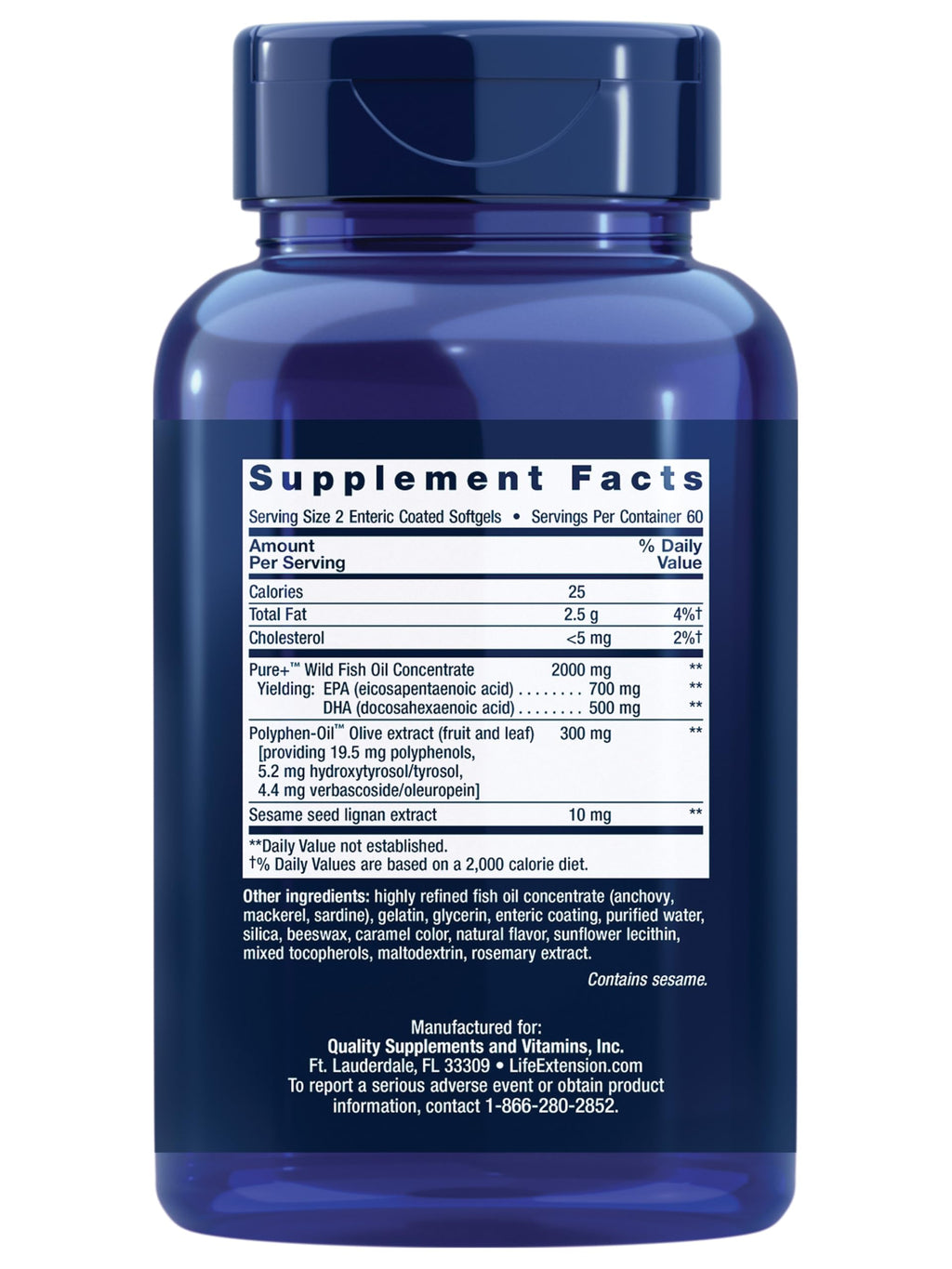 Life Extension Super Omega-3 EPA/DHA with Sesame Lignans & Olive Extract – Heart & Brain Health (120 Softgels)