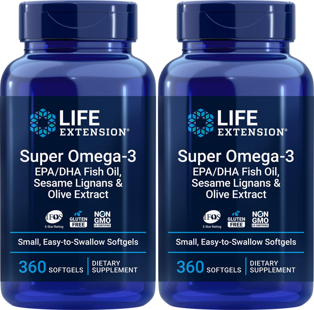 Life Extension Super Omega-3 360 Softgels (2-Pack) – Easy to Swallow, Lemon Flavor, IFOS Certified