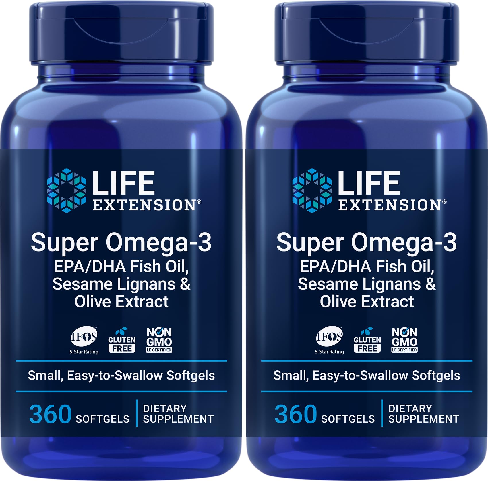 Life Extension Super Omega-3 360 Softgels (2-Pack) – Easy to Swallow, Lemon Flavor, IFOS Certified