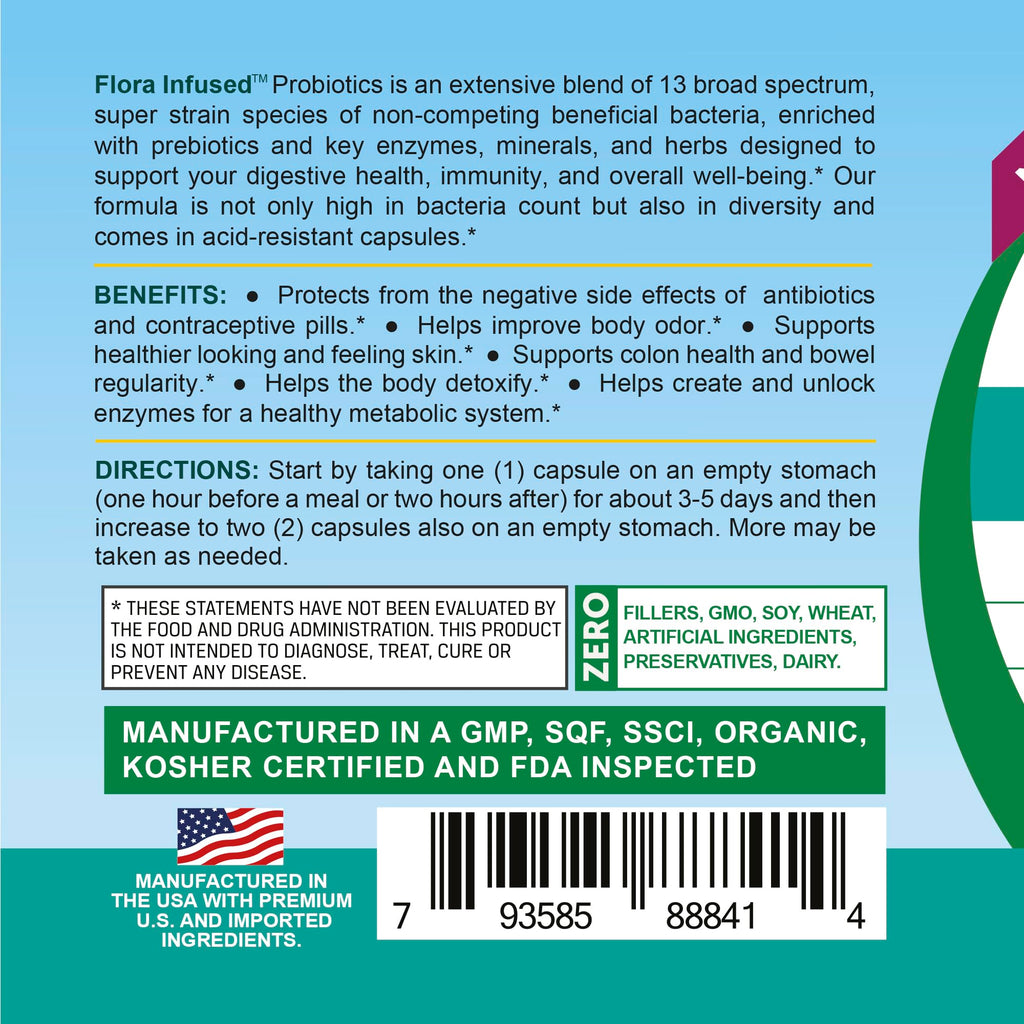 Life Infused Flora Infused Probiotics with Prebiotics - 50 Billion CFU, 13 Strains, Enzyme Blend - Vegan - 60 Capsules