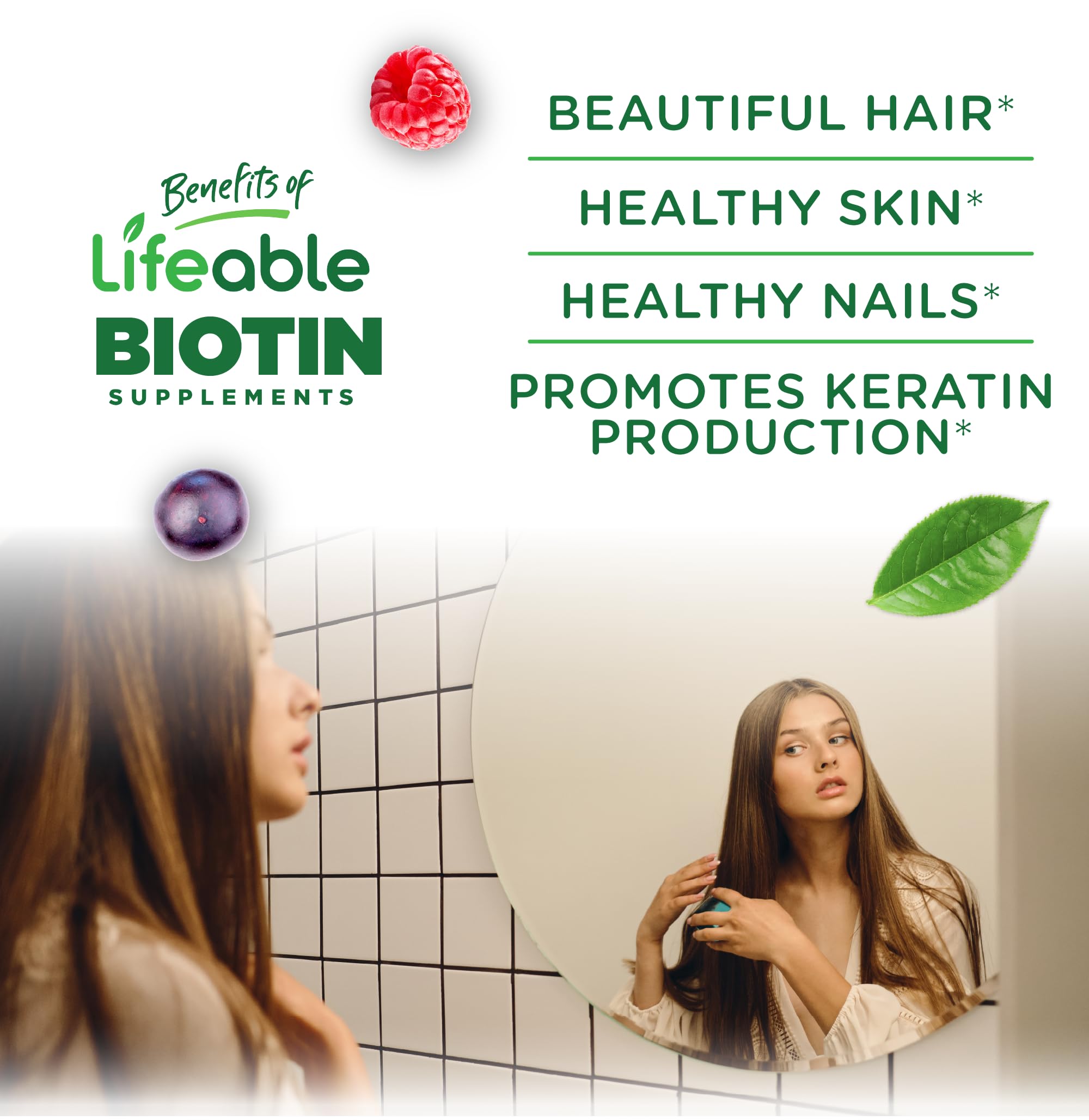 Lifeable Teens Biotin 10000mcg Gummies | Vegan B7 for Hair, Skin & Nails | 90 Gummies