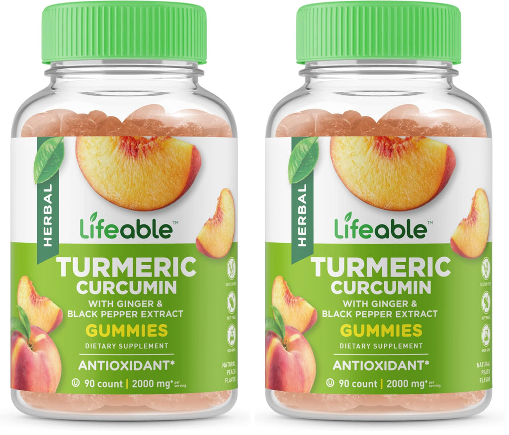 Lifeable Turmeric Curcumin with Ginger & Black Pepper Extract – 2000mg per Serving, 90 Gummies (Pack of 2) – Great Tasting Peach Flavor, Vegetarian & Non-GMO