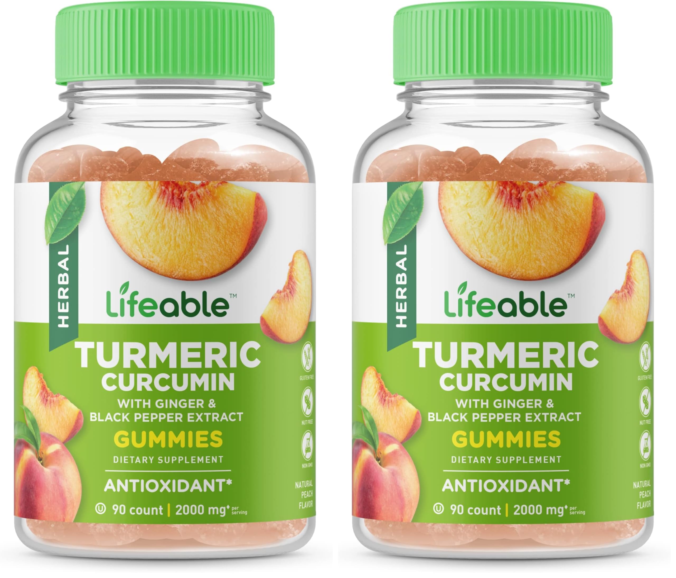 Lifeable Turmeric Curcumin with Ginger & Black Pepper Extract – 2000mg per Serving, 90 Gummies (Pack of 2) – Great Tasting Peach Flavor, Vegetarian & Non-GMO