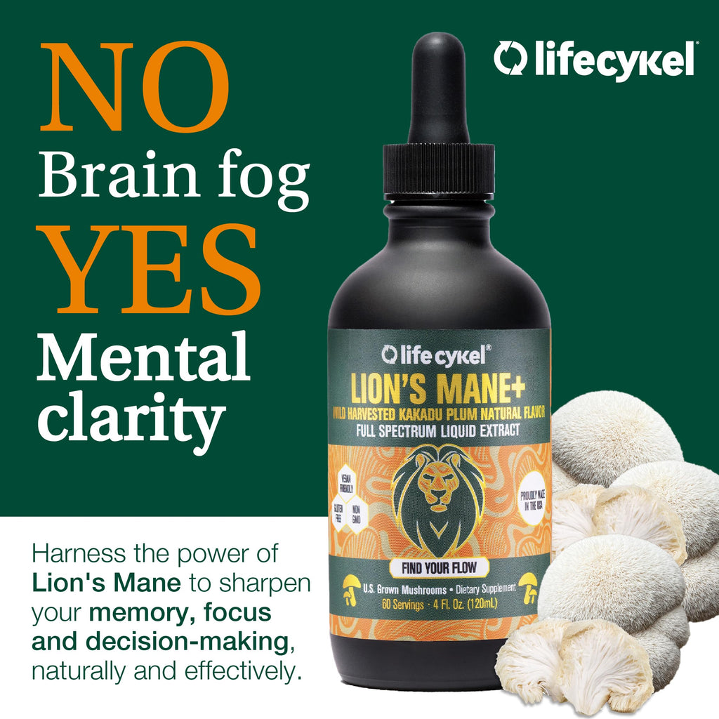 Lifecykel Lion's Mane Mushroom Extract w/Kakadu Plum — Memory, Focus & Sleep (2 oz, 30 Servings) Made in USA