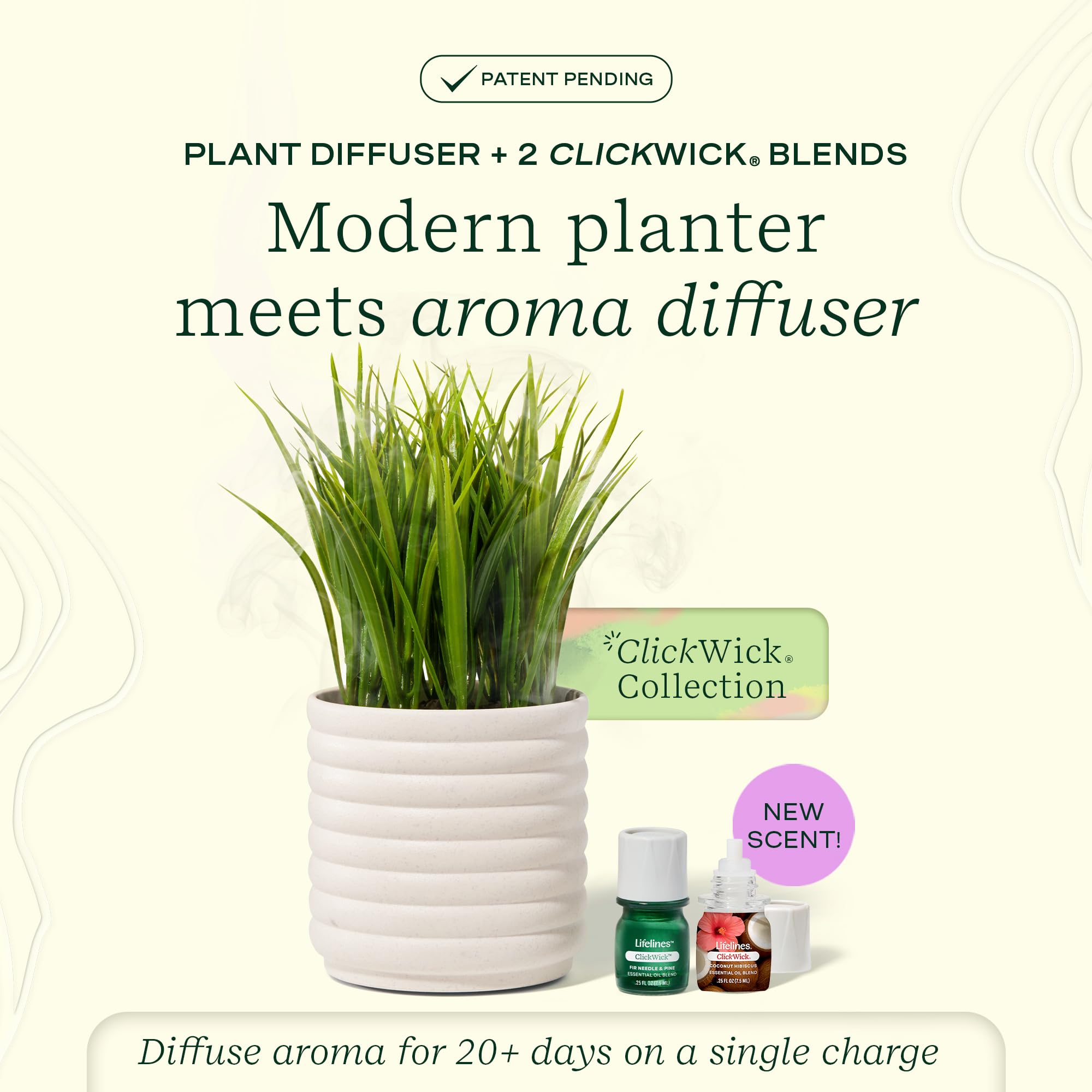 Lifelines Plant Diffuser Bundle — 2 ClickWick Essential Oil Blends | Rechargeable Faux Plant Diffuser & Modern Planter