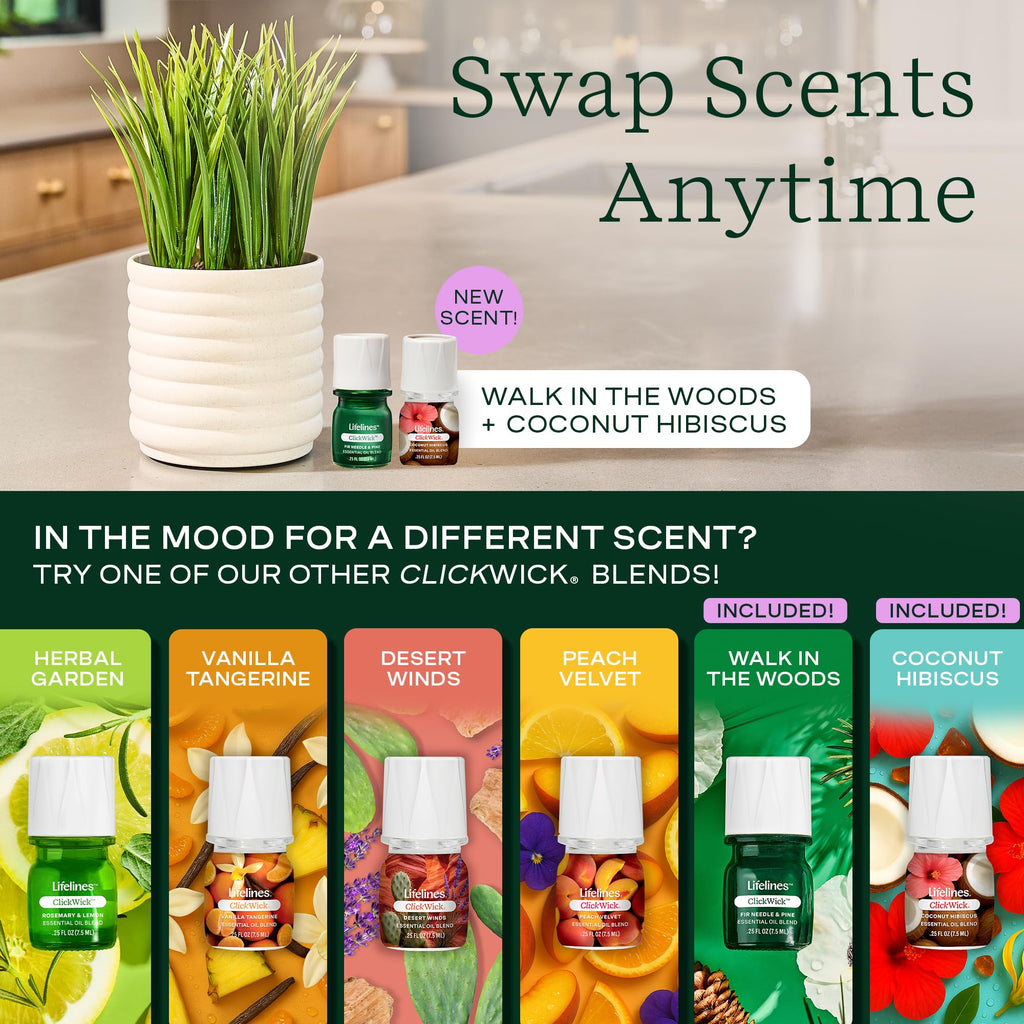 Lifelines Plant Diffuser Bundle — 2 ClickWick Essential Oil Blends | Rechargeable Faux Plant Diffuser & Modern Planter
