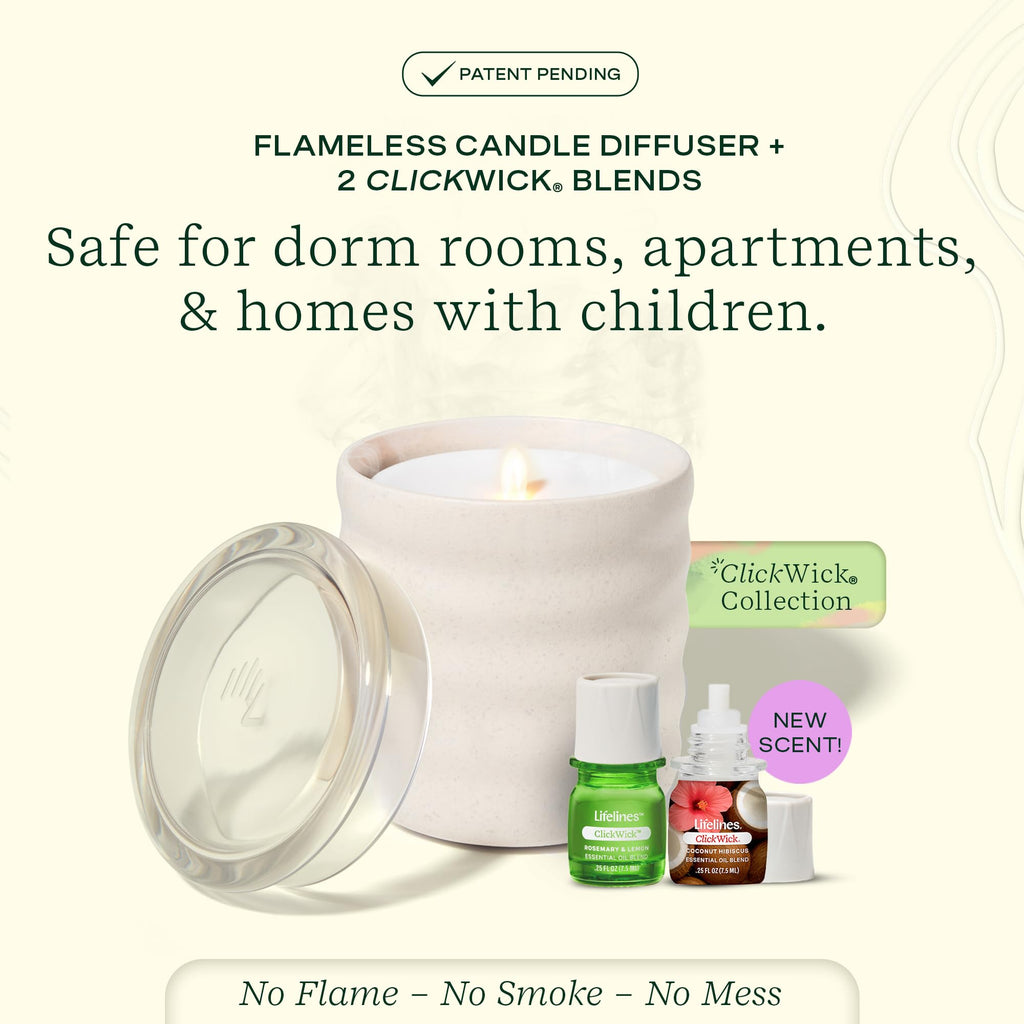 Lifelines Flameless Candle Diffuser with 2 ClickWick Blends – Cordless Waterless Aromatherapy Cream Bubble