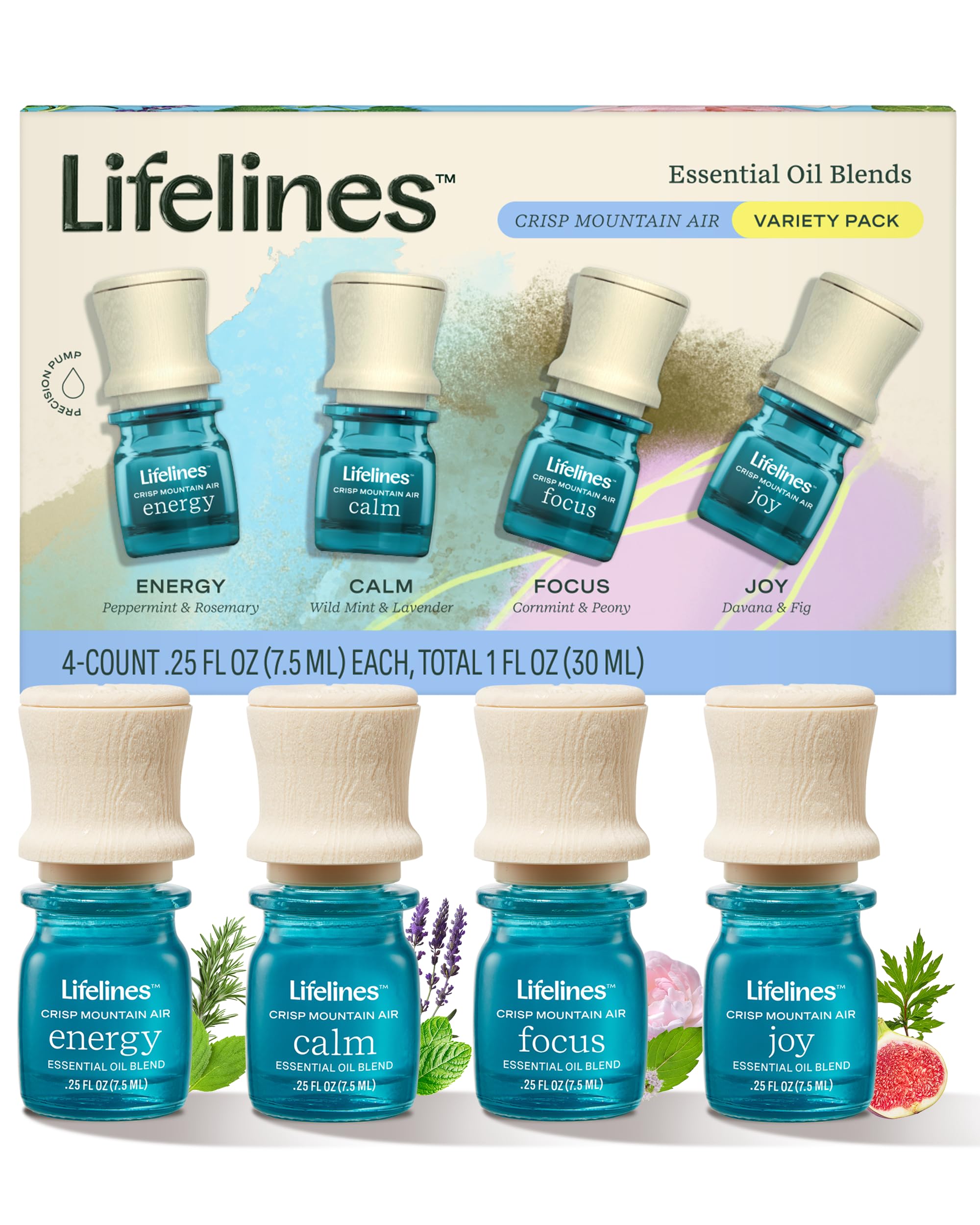 Lifelines Essential Oil Blends 4-Pack – Crisp Mountain Air | Joy, Calm, Focus & Energy