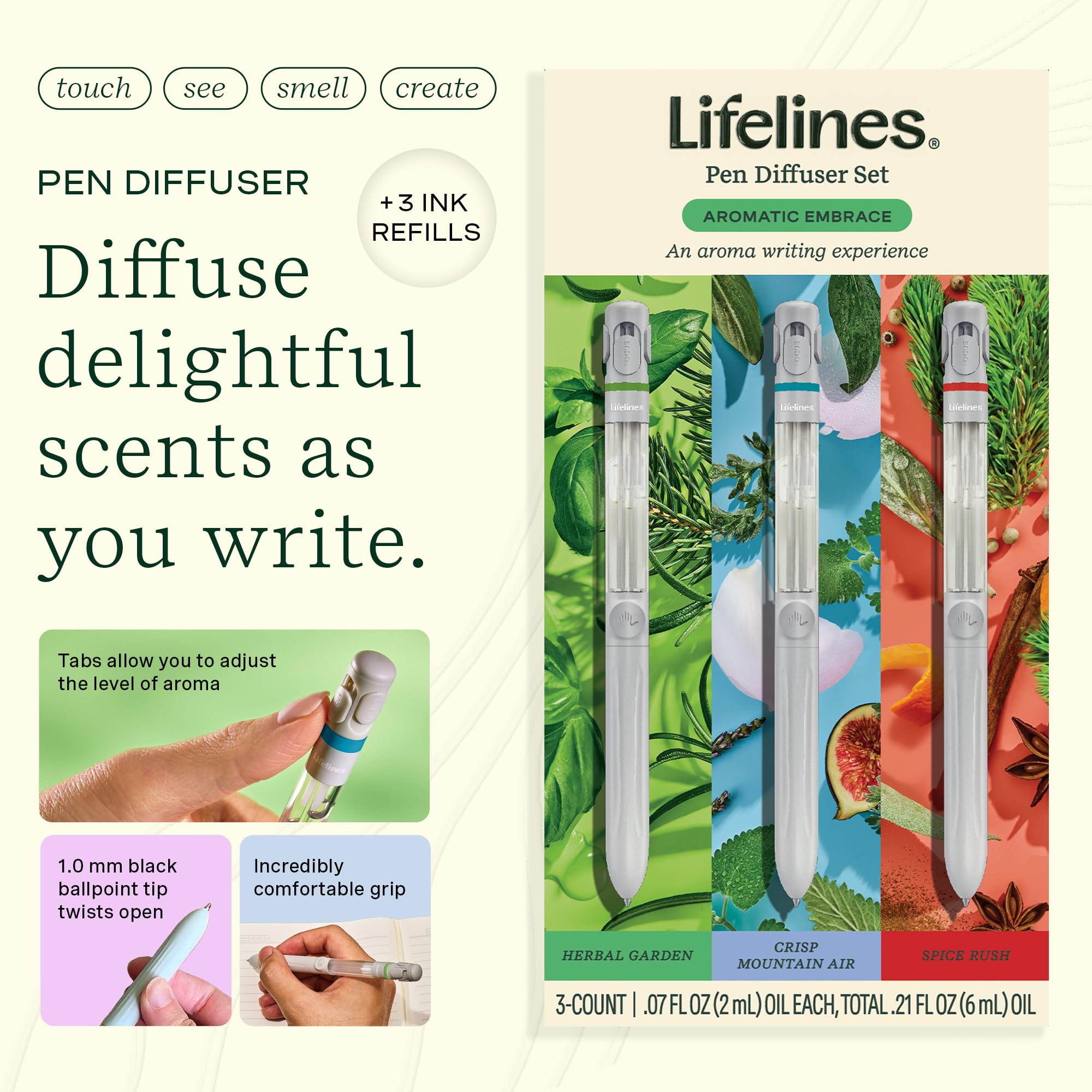 Lifelines Pen Diffuser Set – Aromatic Embrace 3-Pack | 1mm Black Ballpoint Pens