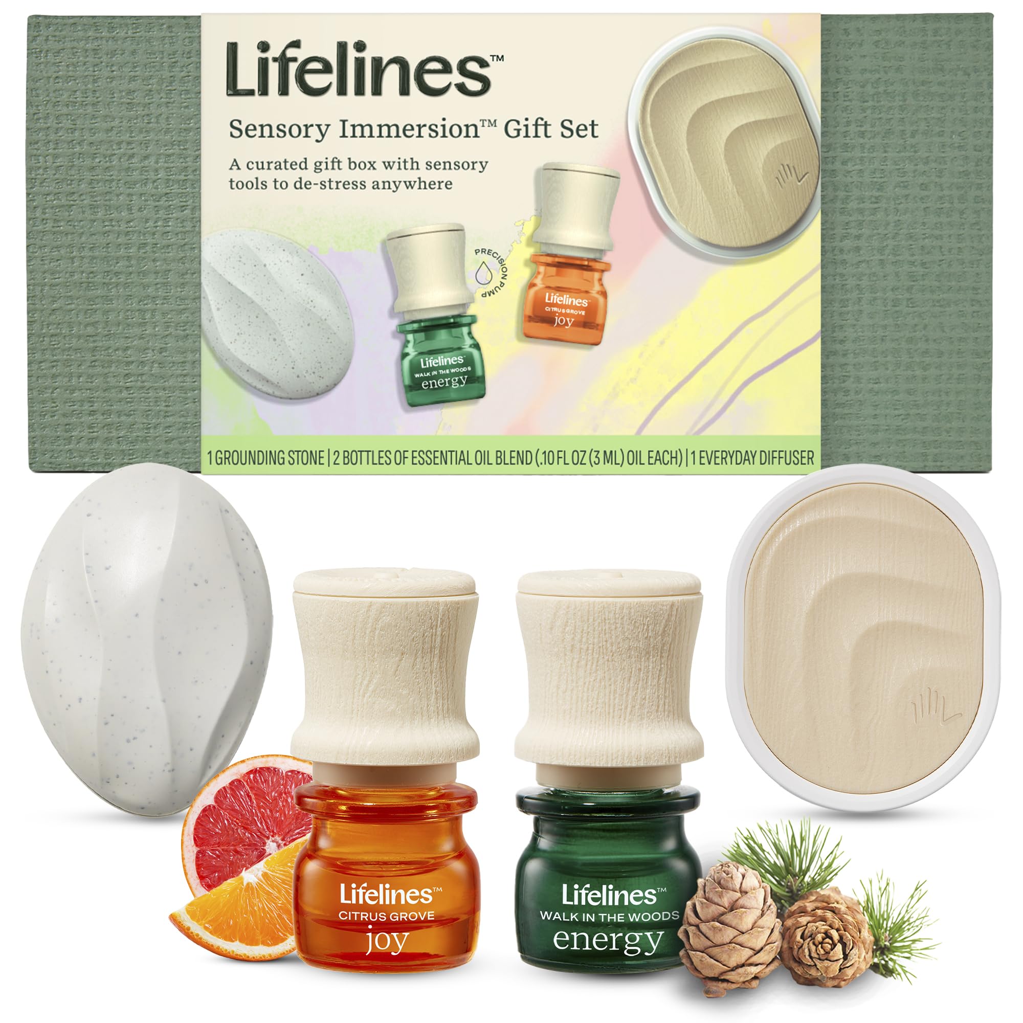 Lifelines Sensory Immersion Gift Set - Includes Everyday Aromatherapy Diffuser, Fidget Grounding Stone & 2 Essential Oil Blends - Unique Sensory Gifts for Women & Men