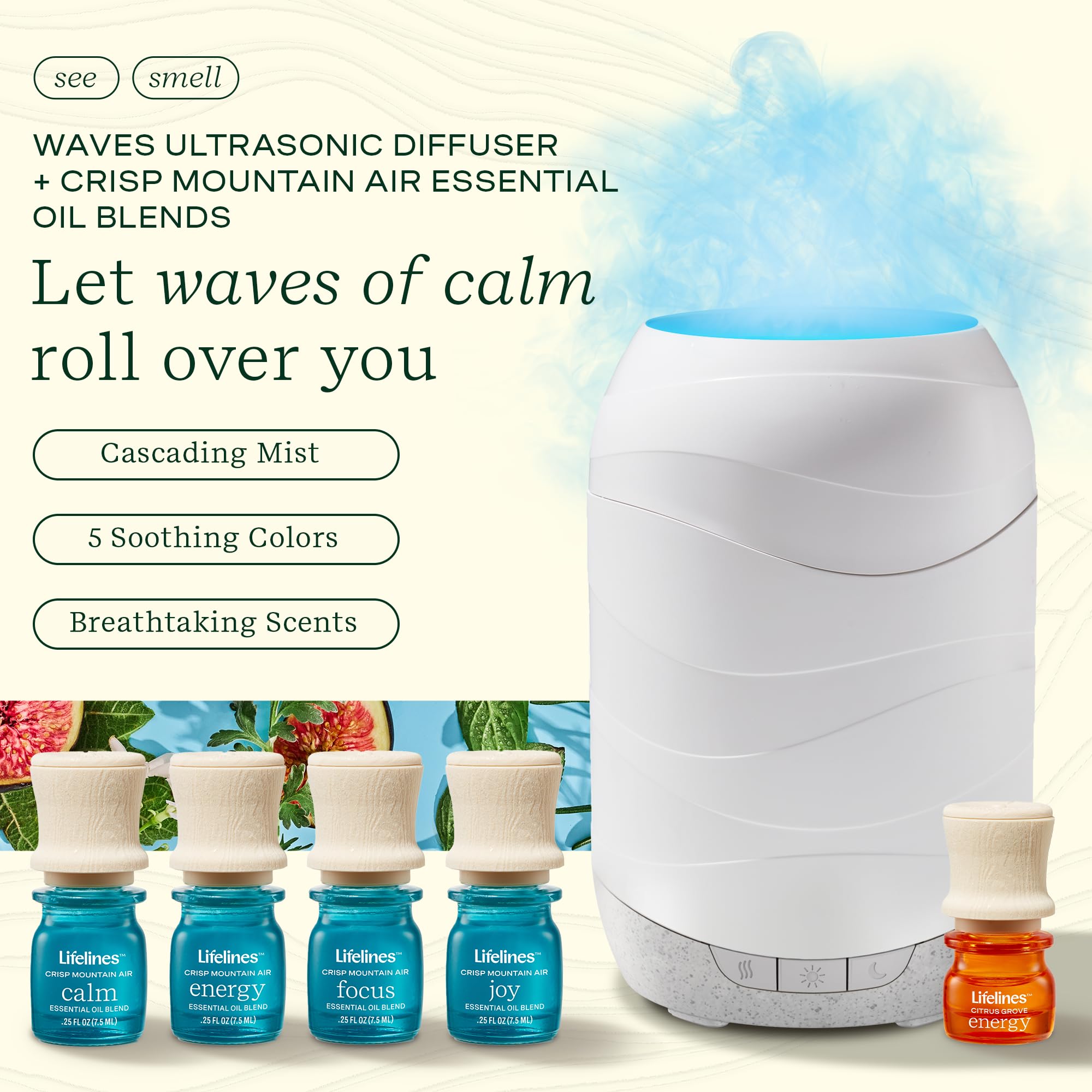 Lifelines Waves Ultrasonic Diffuser 200ml + 4-Pack Crisp Mountain Air Oils