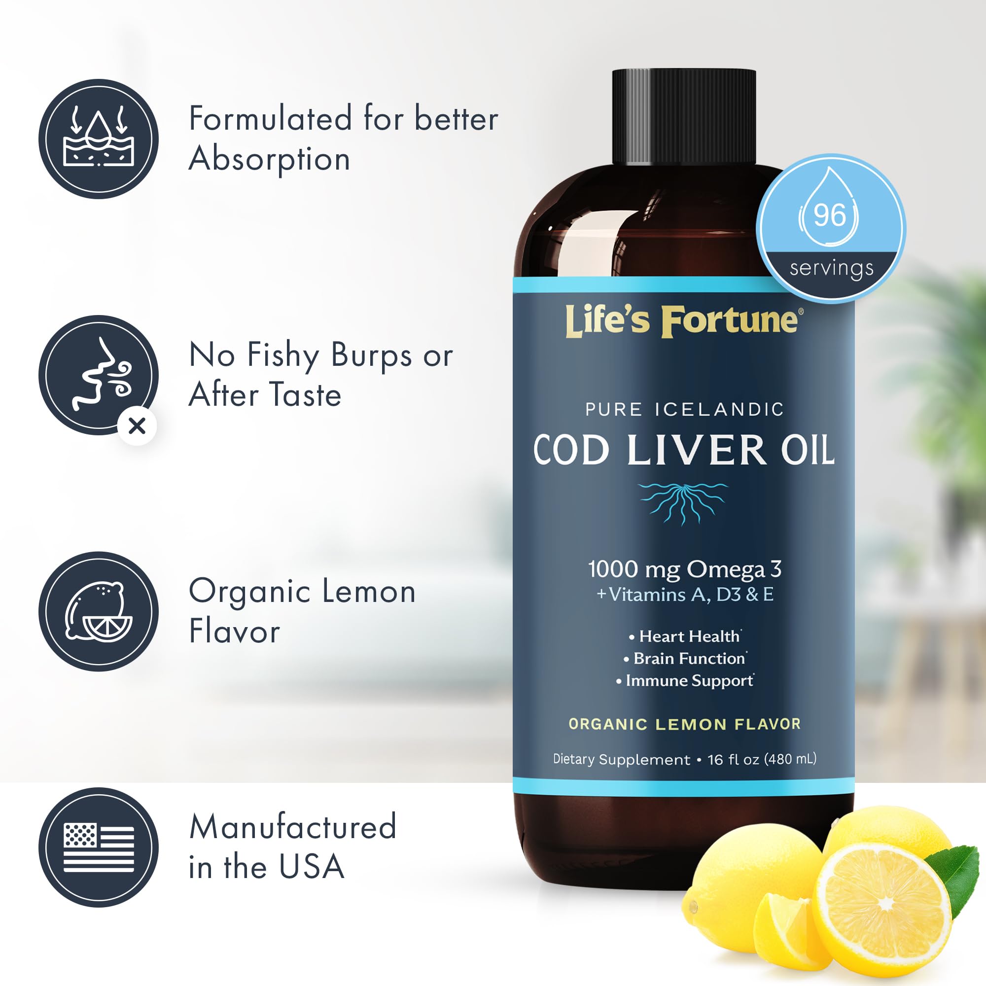Cod Liver Oil Lemon – Organic 1000 mg Omega-3s (DHA/EPA) + Vitamins A, E & D3 | 16 oz