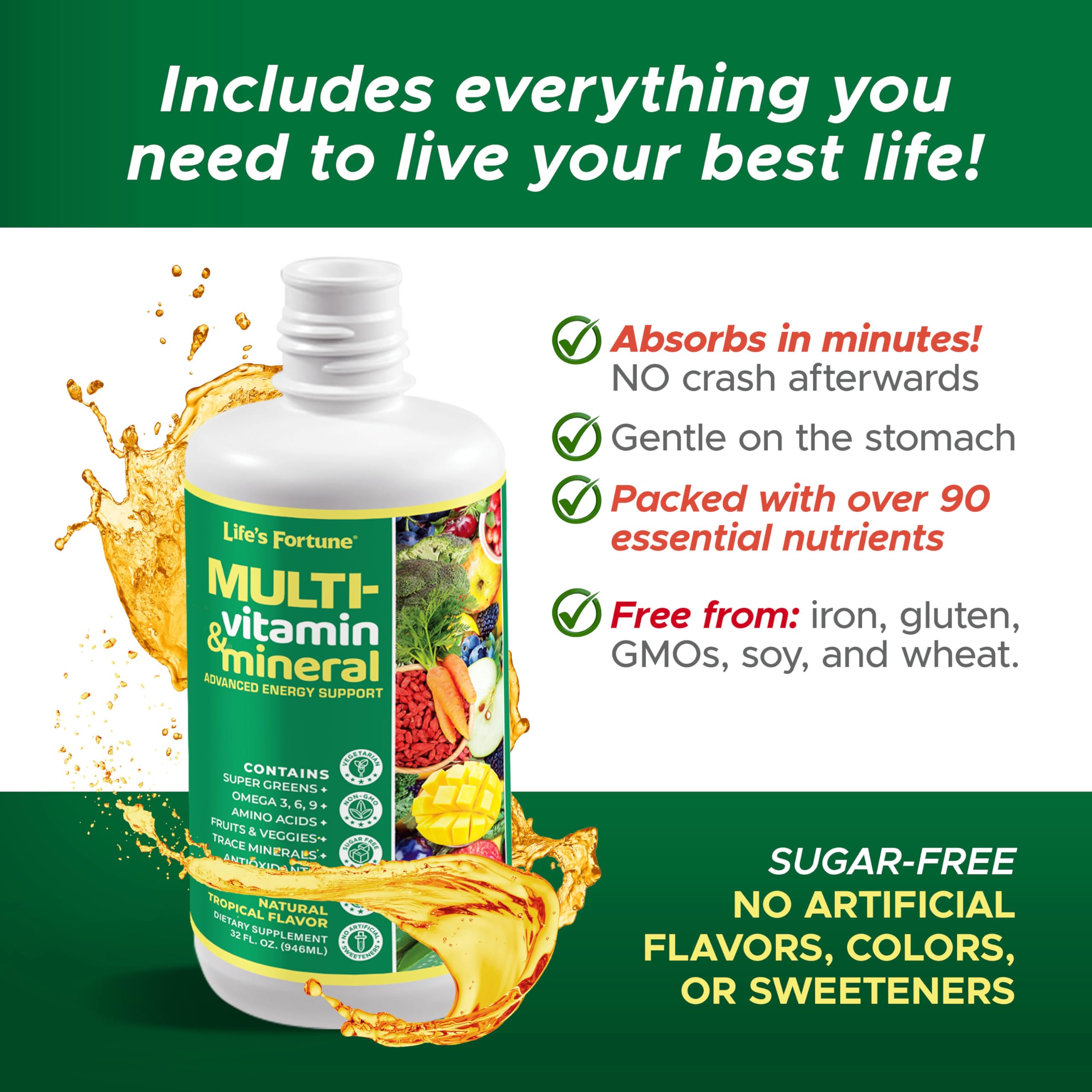 Life's Fortune Liquid Multivitamin – High Absorption Daily Vitamins for Adults & Teens | Tropical Flavor | Sugar Free | Pack of 2 (32 oz)