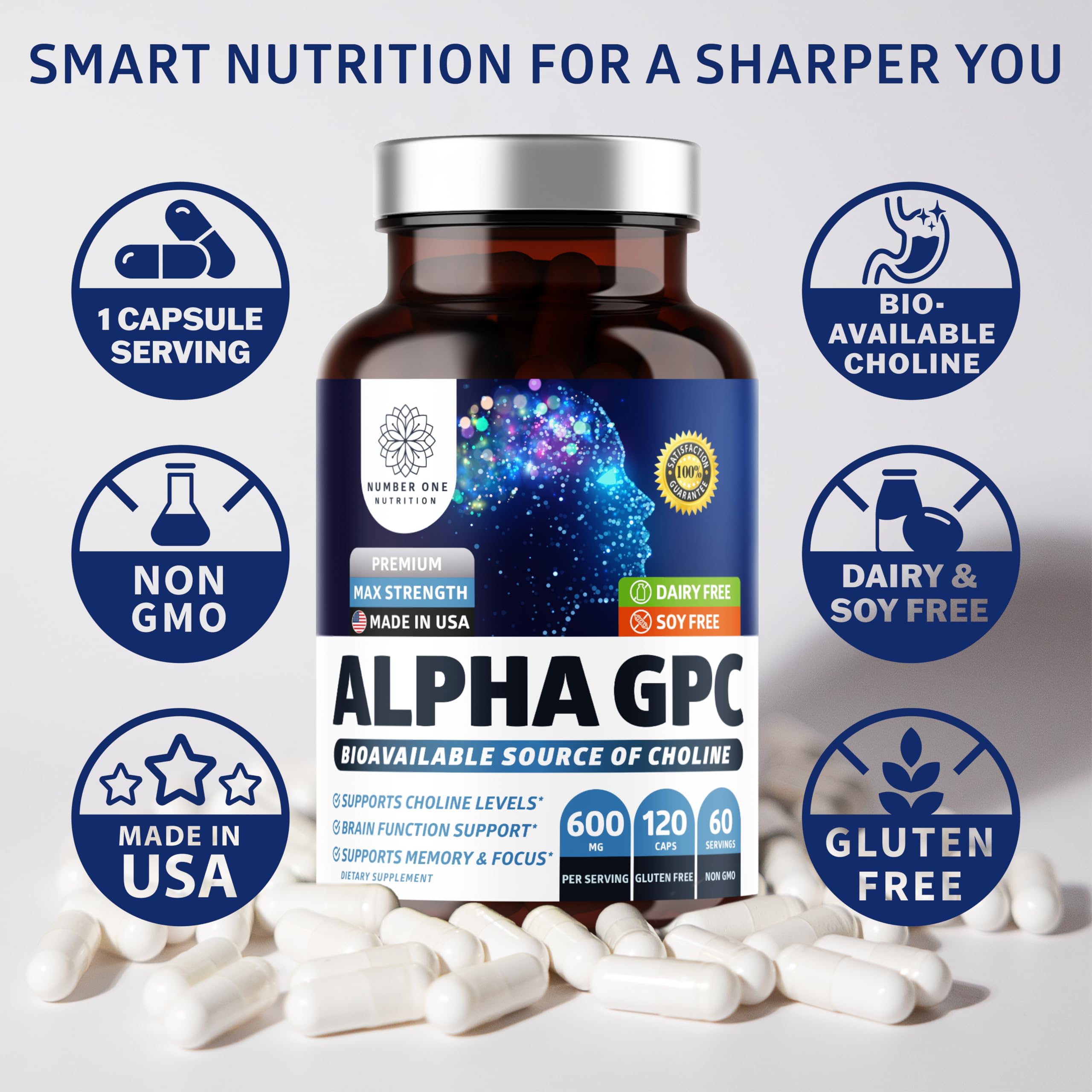 Number One Nutrition Premium Alpha GPC Choline Capsules 600mg – Natural Brain Support for Focus, Memory, Clarity & Energy | 120 Veg Caps