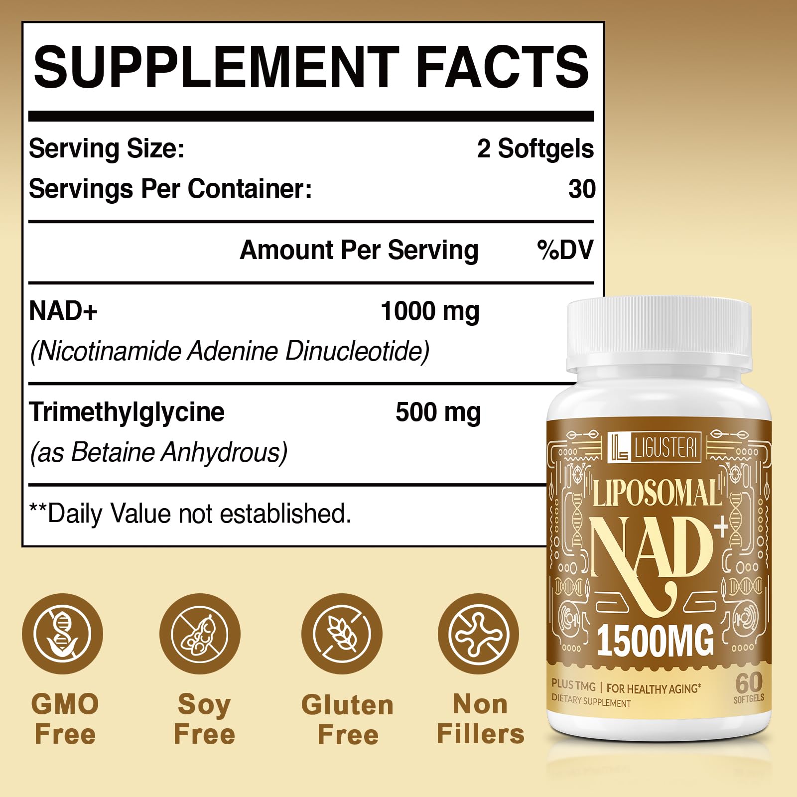 LIGUSTERI 1500 MG Liposomal NAD+ | 98%+ Absorption | NAD+ Supplement for Energy, Aging Defense, Longevity | 60 Softgels