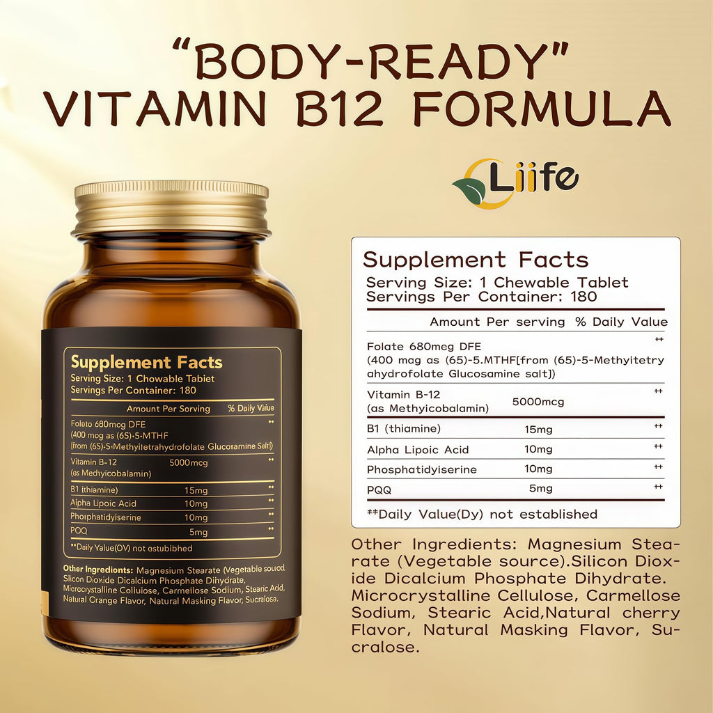 LIIFE Methylcobalamin (PQQ+Vitamin B12) 5000 MCG | 180 Chewable Tablets | Energy & Brain Health - Gluten Free