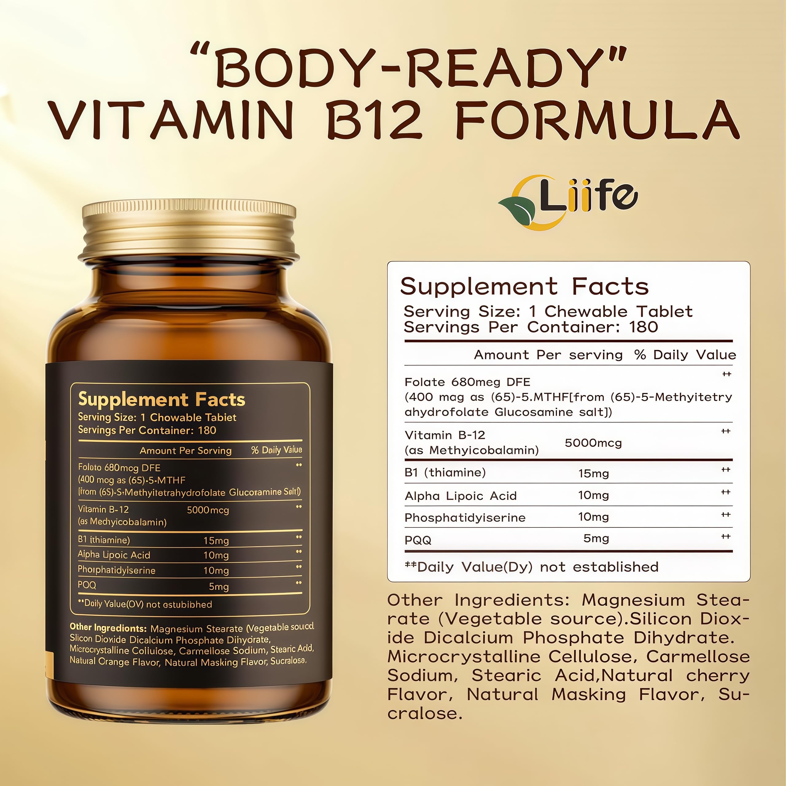 LIIFE Methylcobalamin (PQQ+Vitamin B12) 5000 MCG | 180 Chewable Tablets | Energy & Brain Health - Gluten Free