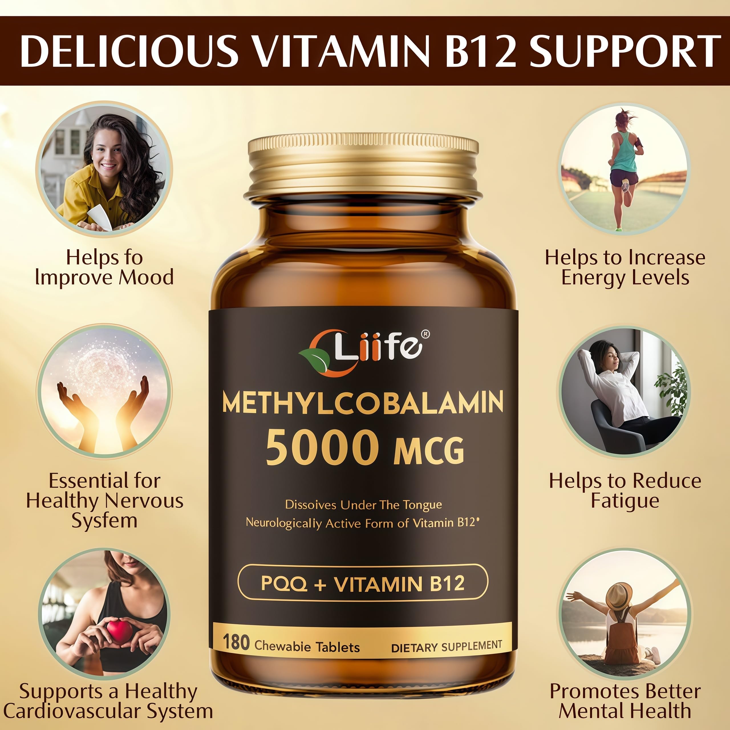 LIIFE Methylcobalamin (PQQ+Vitamin B12) 5000 MCG | 180 Chewable Tablets | Energy & Brain Health - Gluten Free