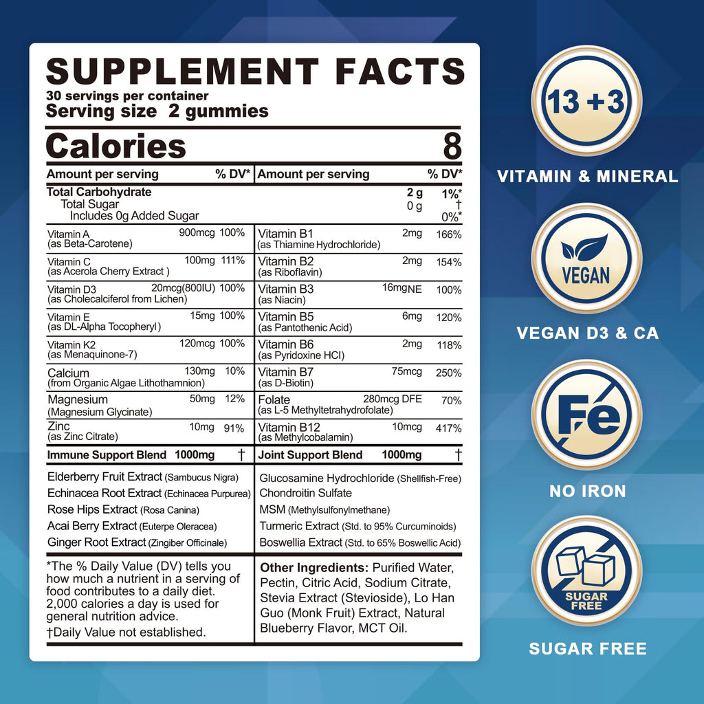 LILICARE Sugar Free Methylated Multivitamin 50+ Gummies with Glucosamine Chondroitin MSM