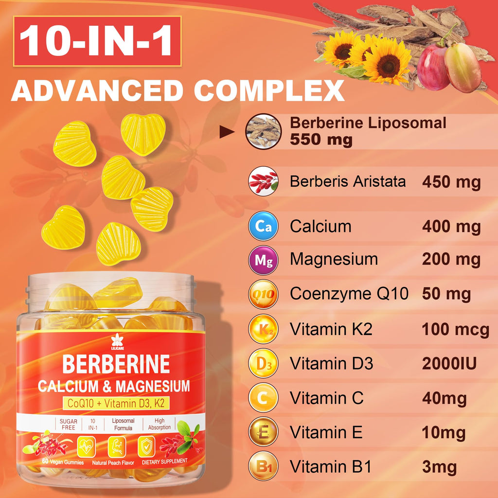 LILICARE Berberine Gummies – Sugar Free with Liposomal Berberine, Magnesium, Calcium, AMPK Activator – Pack of 2