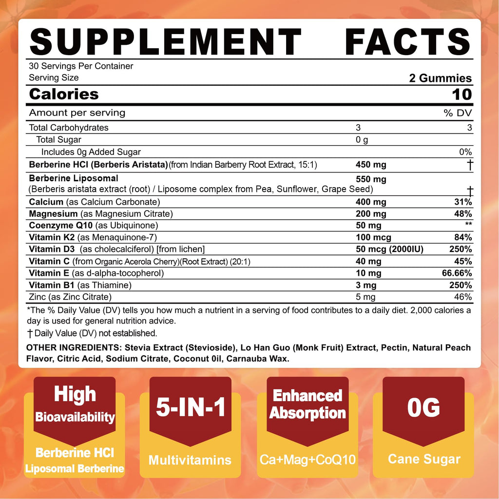 LILICARE Berberine Gummies – Sugar Free with Liposomal Berberine, Magnesium, Calcium, AMPK Activator – Pack of 2
