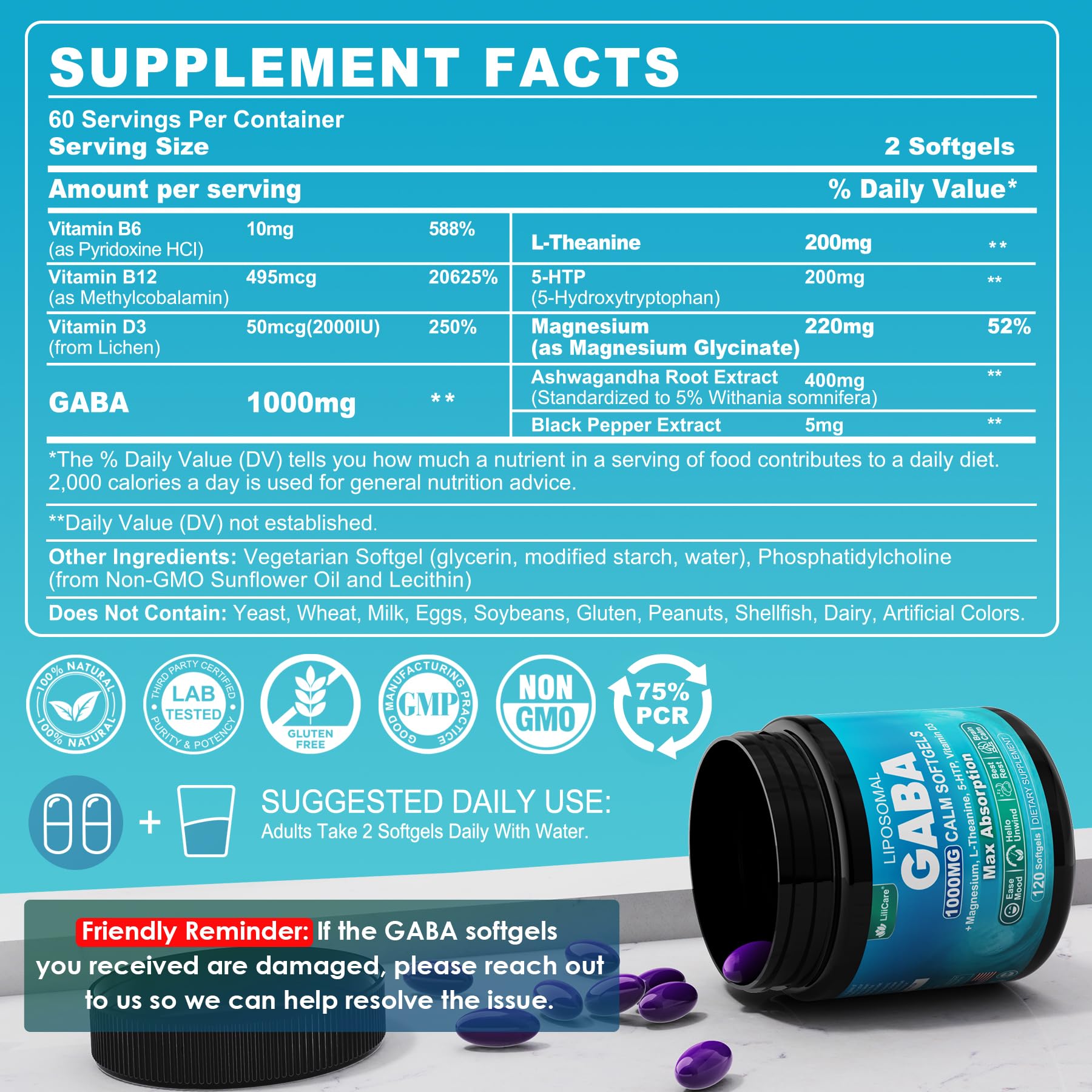 LILICARE GABA 1000mg Liposomal Calm Supplement – 120 Softgels