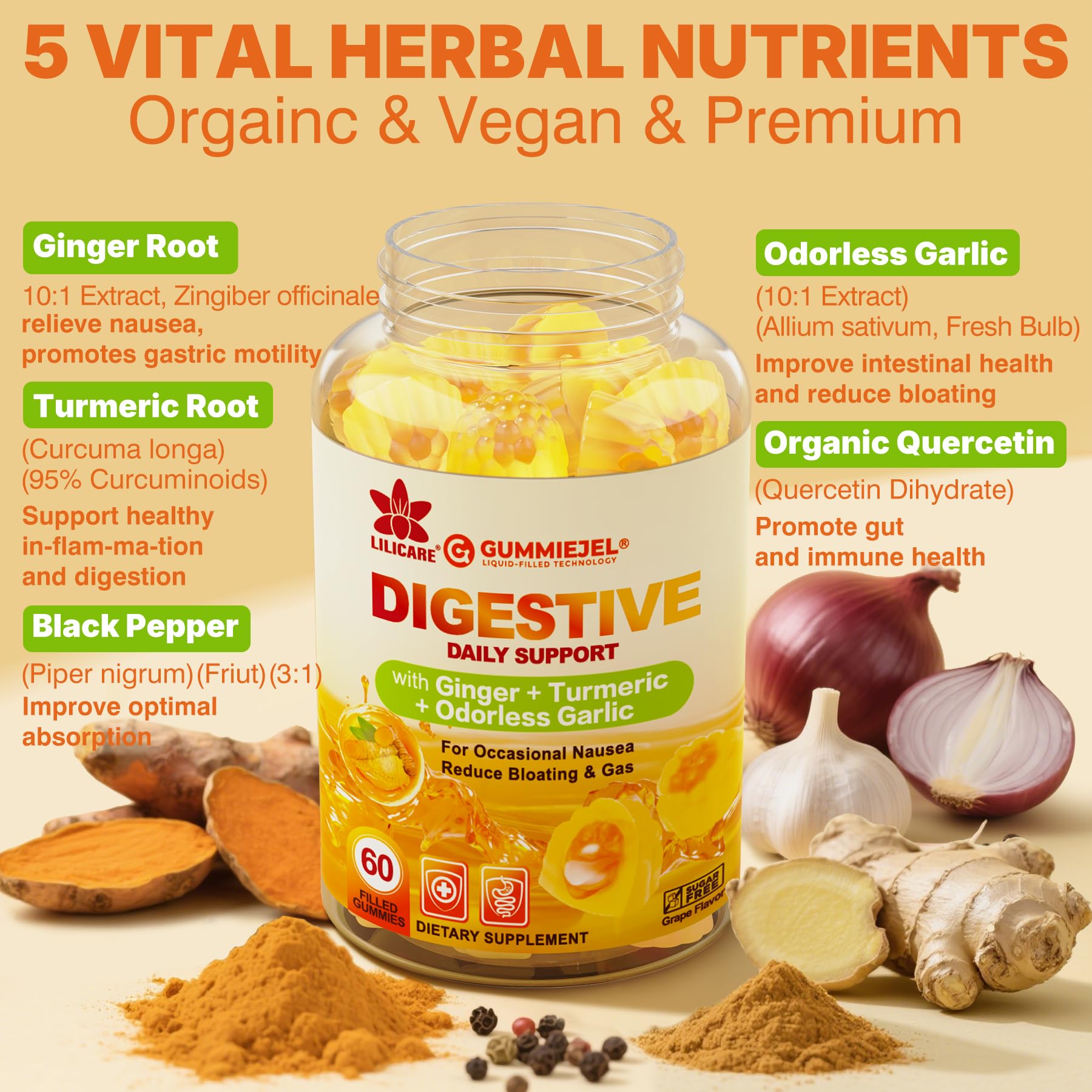 LILICARE Ginger Chews Gummies - Nausea & Digestive Support (60-count, Sugar Free)