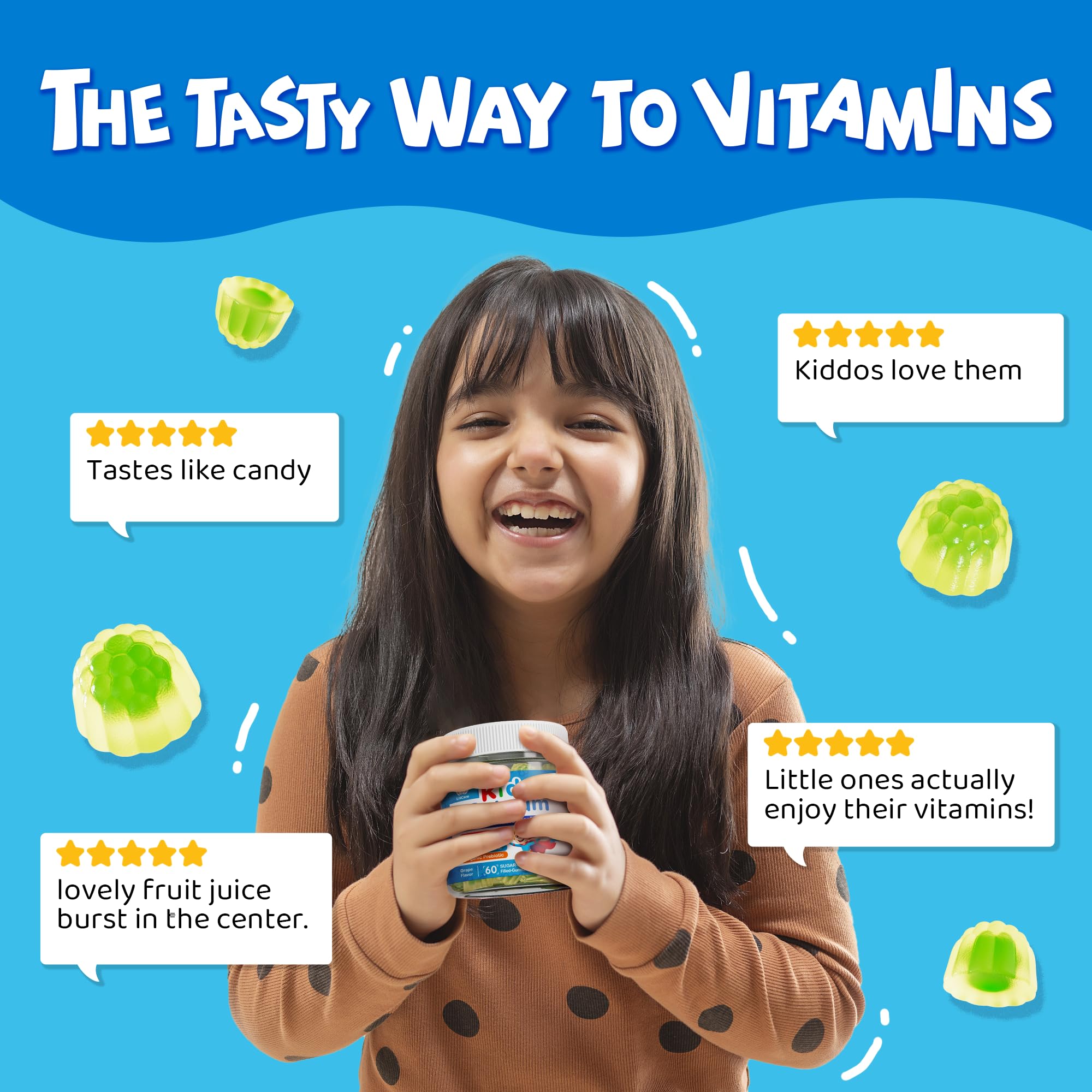 Lilicare Kids Calcium Gummies with Vitamin D3 K2, Magnesium & Zinc | Sugar-Free Algae Calcium | 60 Chewables