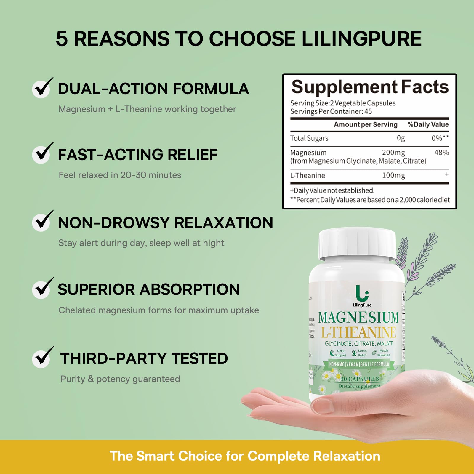 LilingPure Triple Magnesium Complex with L-Theanine – 200mg Mg + 100mg L-Theanine | 90 Capsules