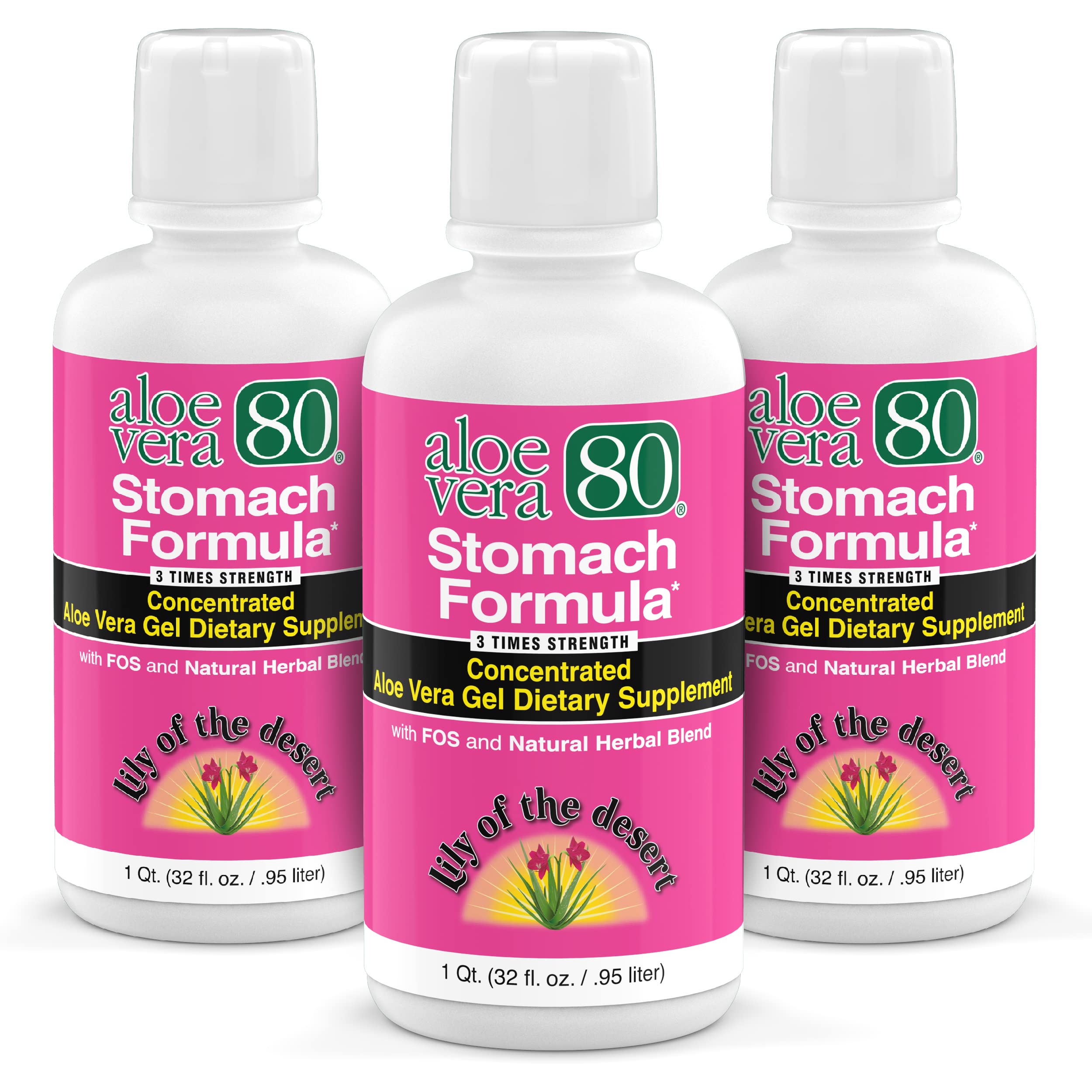Lily Of The Desert Aloe Vera 80 Stomach Formula – 32 Oz Pack of 3 | Aloe Vera Juice with Slippery Elm, Chamomile, Peppermint & Ginger for Gut Health