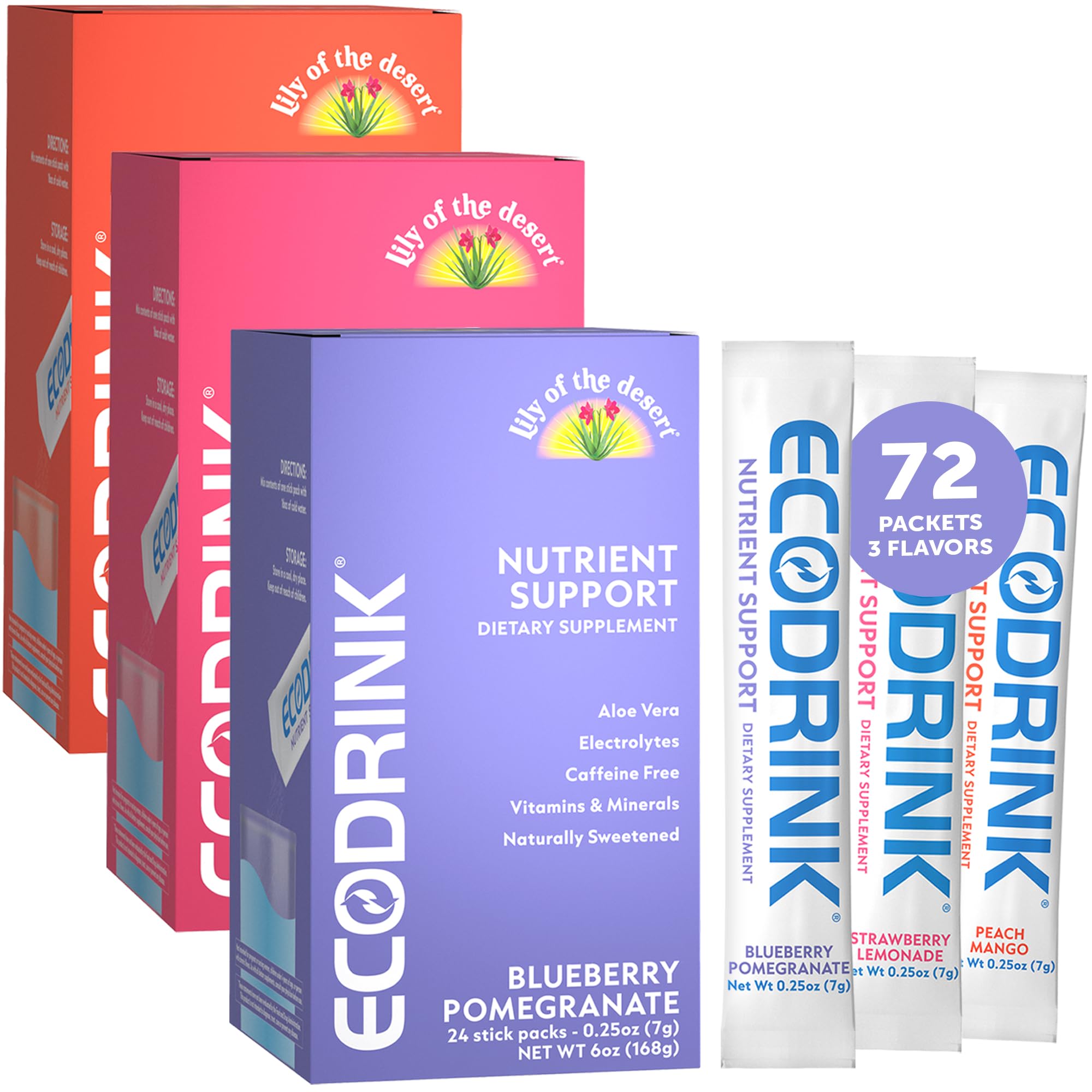 Lily of the Desert EcoDrink Nutrient Support Hydration Packets (3 Flavors) – 24 Stick Packs/Box, 0.25 oz Each