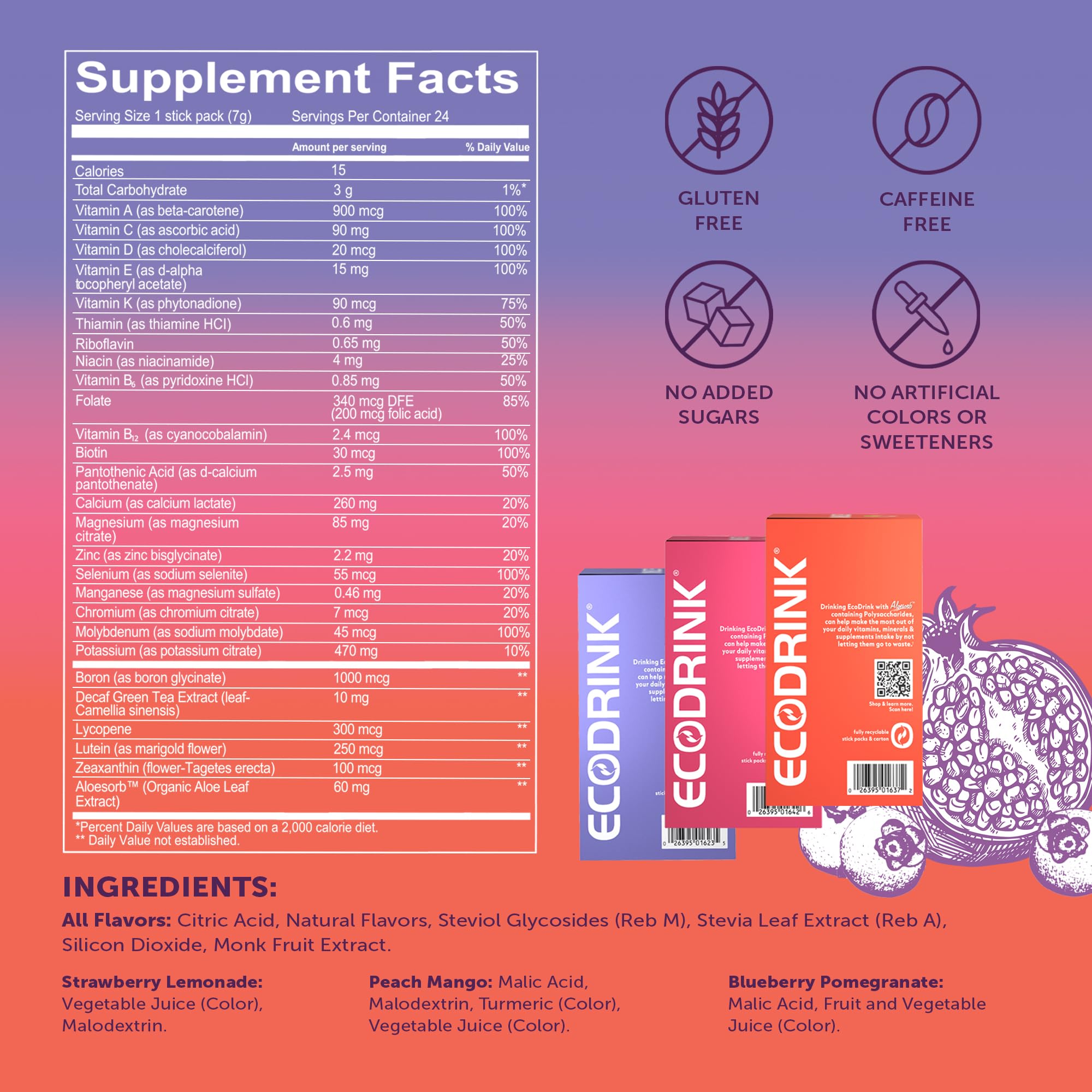 Lily of the Desert EcoDrink Nutrient Support Hydration Packets (3 Flavors) – 24 Stick Packs/Box, 0.25 oz Each