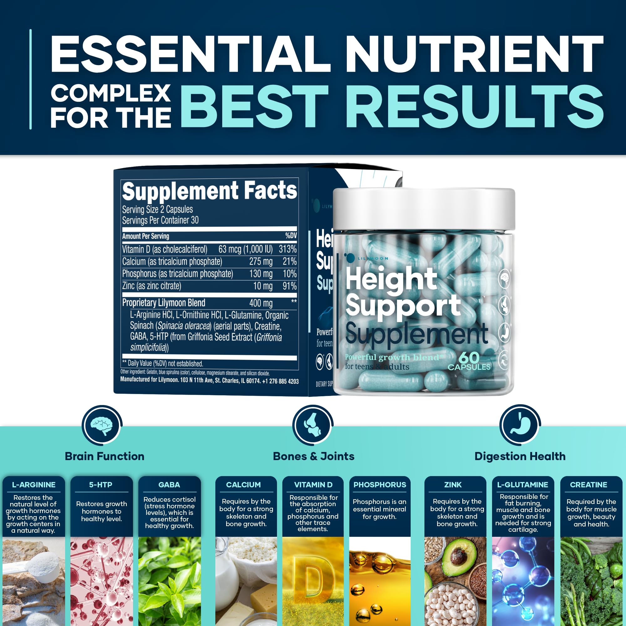 LilyMoon Height and Bone Support for Kids and Teens | Calcium Vitamin D Zinc 60 Caps