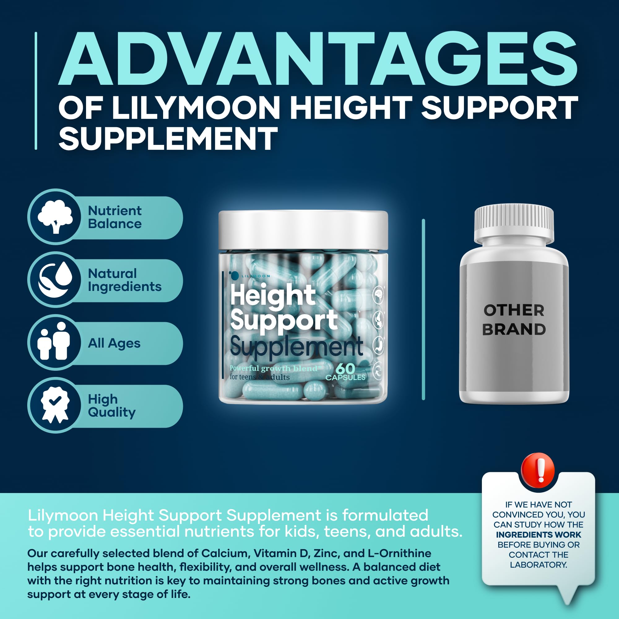 LilyMoon Height and Bone Support for Kids and Teens | Calcium Vitamin D Zinc 60 Caps