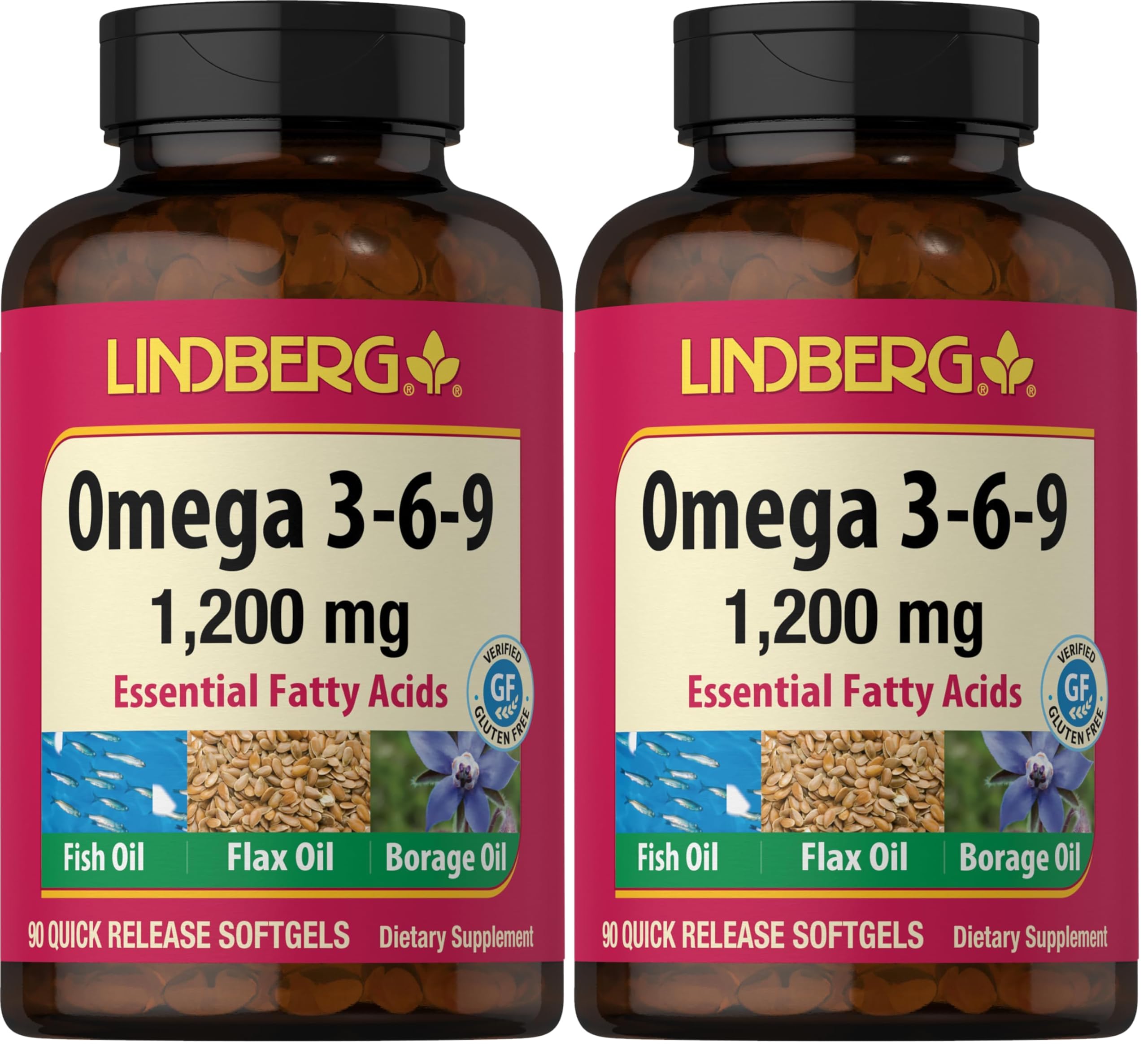 Lindberg Omega 3-6-9 Supplements 1200mg | 90 Softgels | Non-GMO Gluten Free | Pack of 2