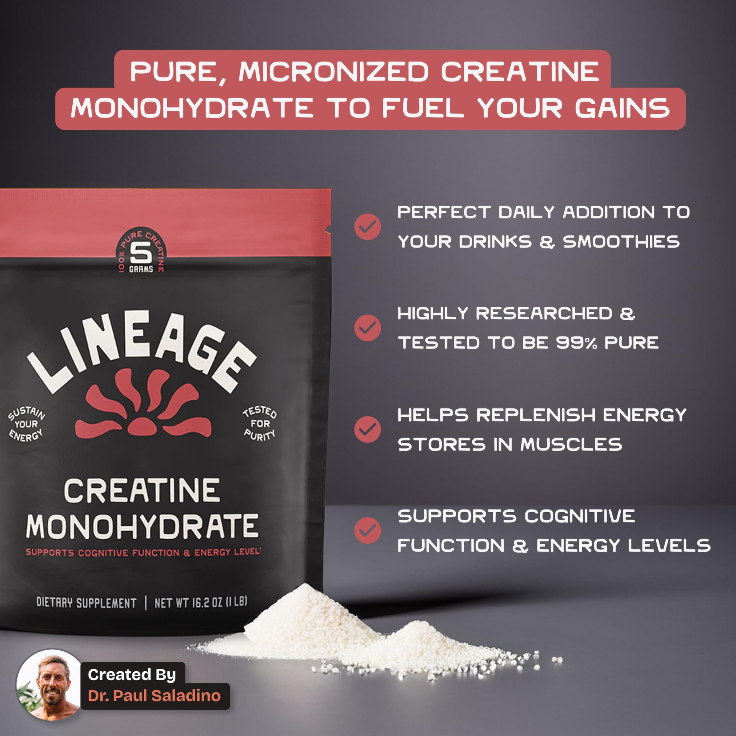 Lineage Provisions Micronized Creatine Monohydrate with Sea Salt – Micronized Creatine Powder for Training & Performance | 90 Servings