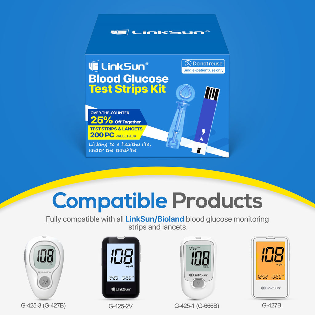LinkSun 100 Test Strips + 100 Lancets Kit for G-425/G-427B Glucose Meters