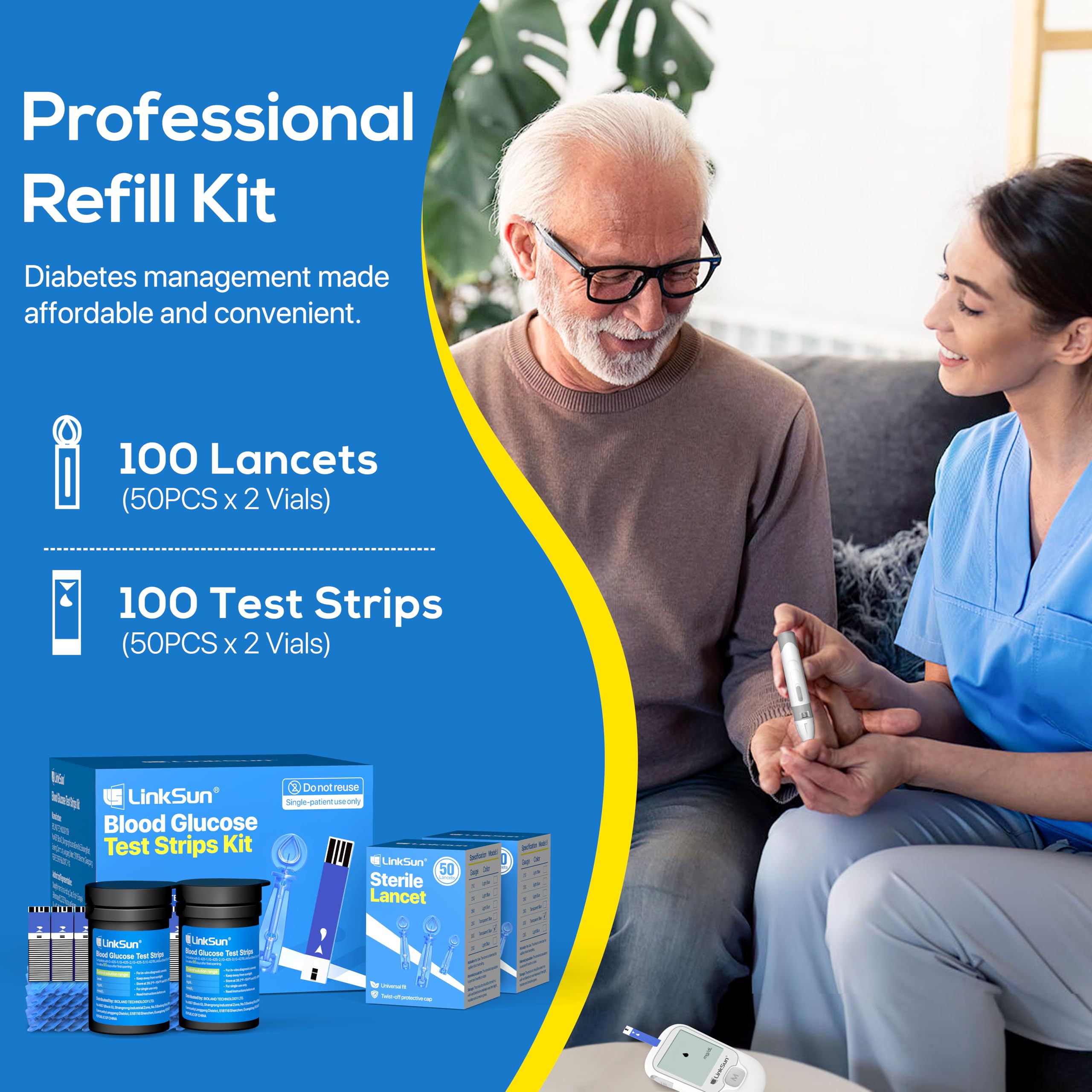 LinkSun 100 Test Strips + 100 Lancets Kit for G-425/G-427B Glucose Meters