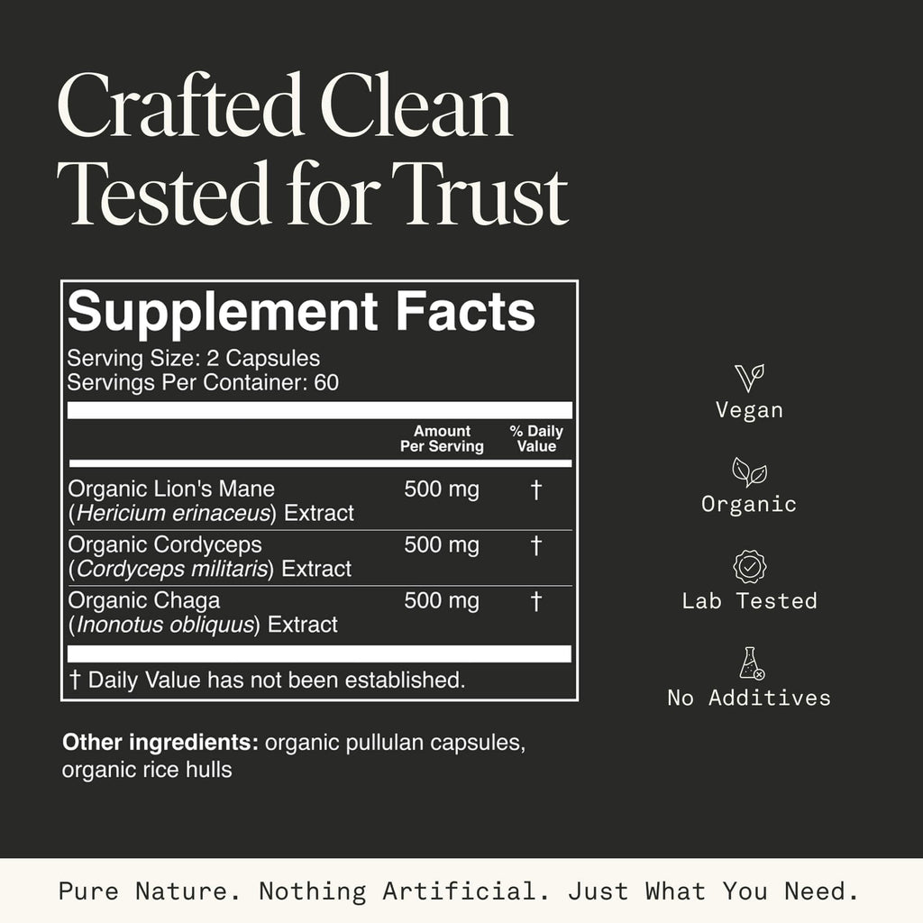 Mushroom Supplement with Lions Mane, Chaga & Cordyceps – USDA Organic, Vegan, 120 Caps (2-Month Supply)