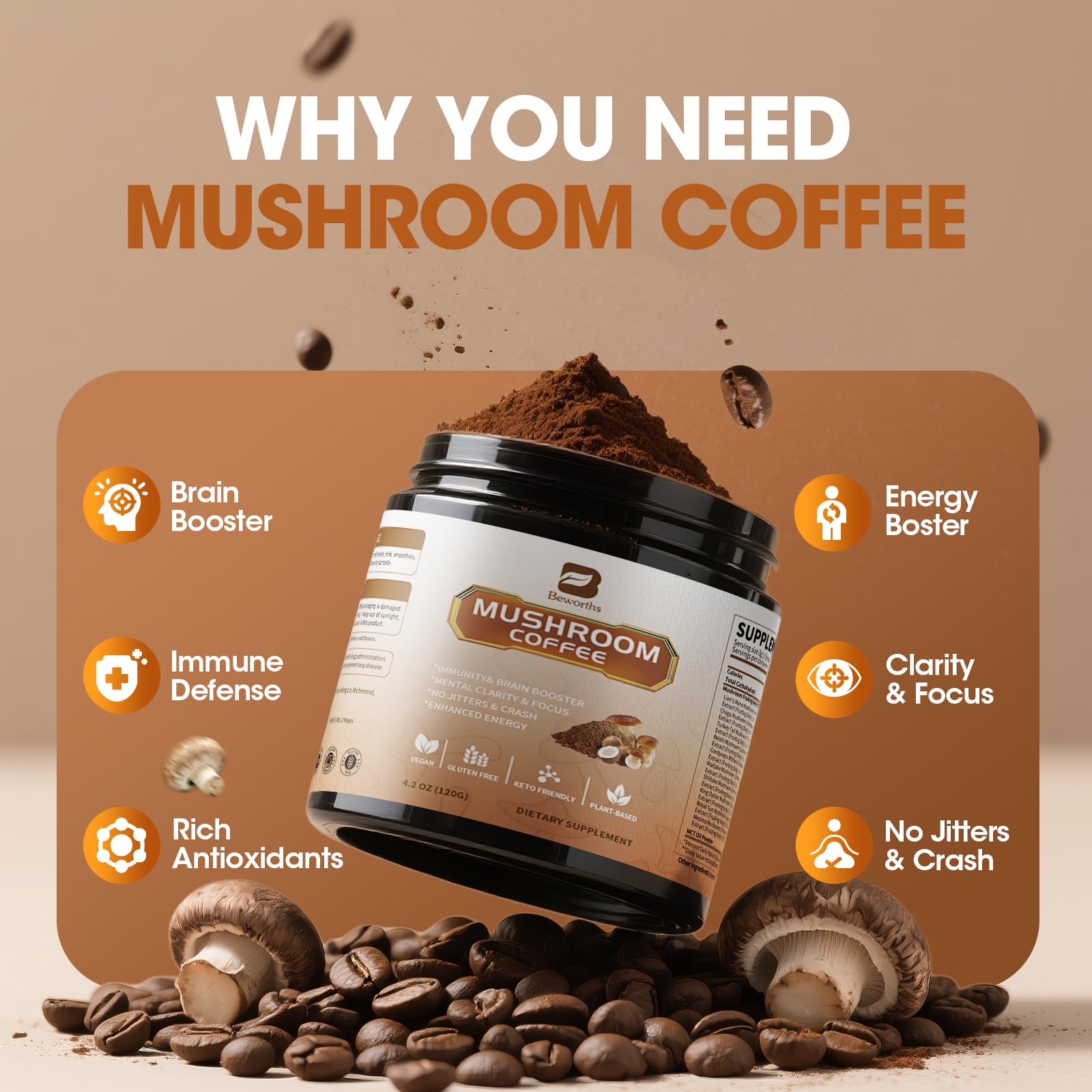 B BEWORTHS Mushroom Coffee with MCT Oil - 10-Mushroom Blend (Arabica) for Focus, Immunity, Gut & Brain Health | Vegan, Keto