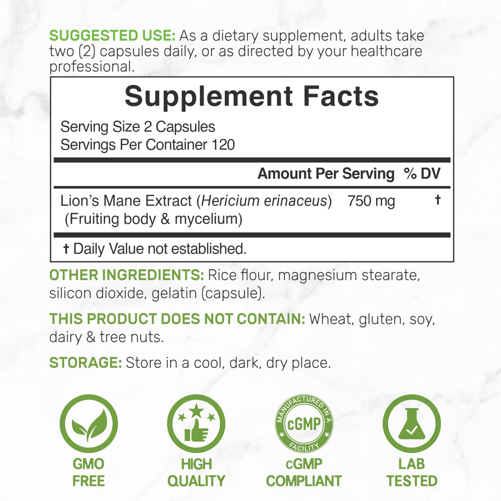 Lion's Mane Mushroom Supplement – 240 Capsules – Active Fruiting Body & Mycelium Extract – Non-GMO