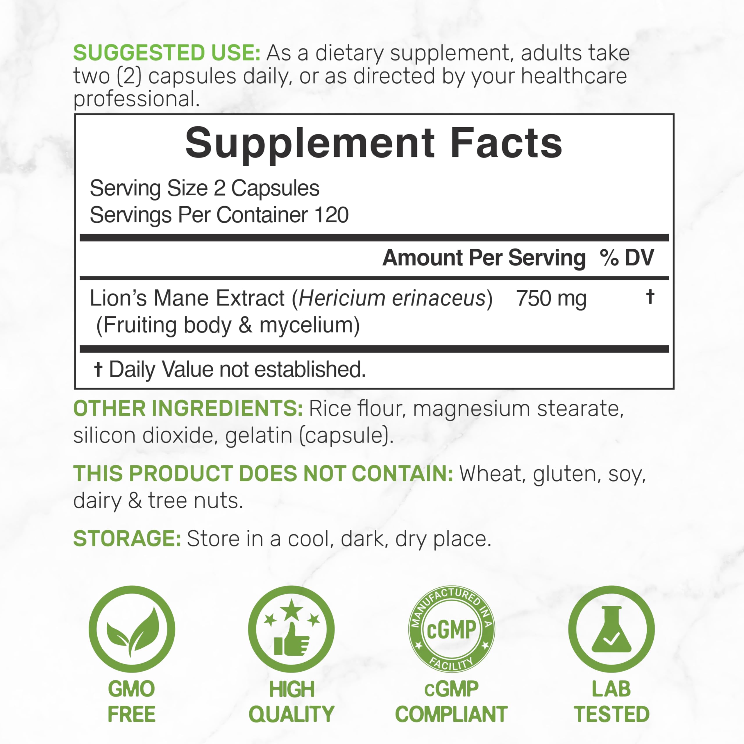 Lion's Mane Mushroom Supplement – 240 Capsules – Active Fruiting Body & Mycelium Extract – Non-GMO