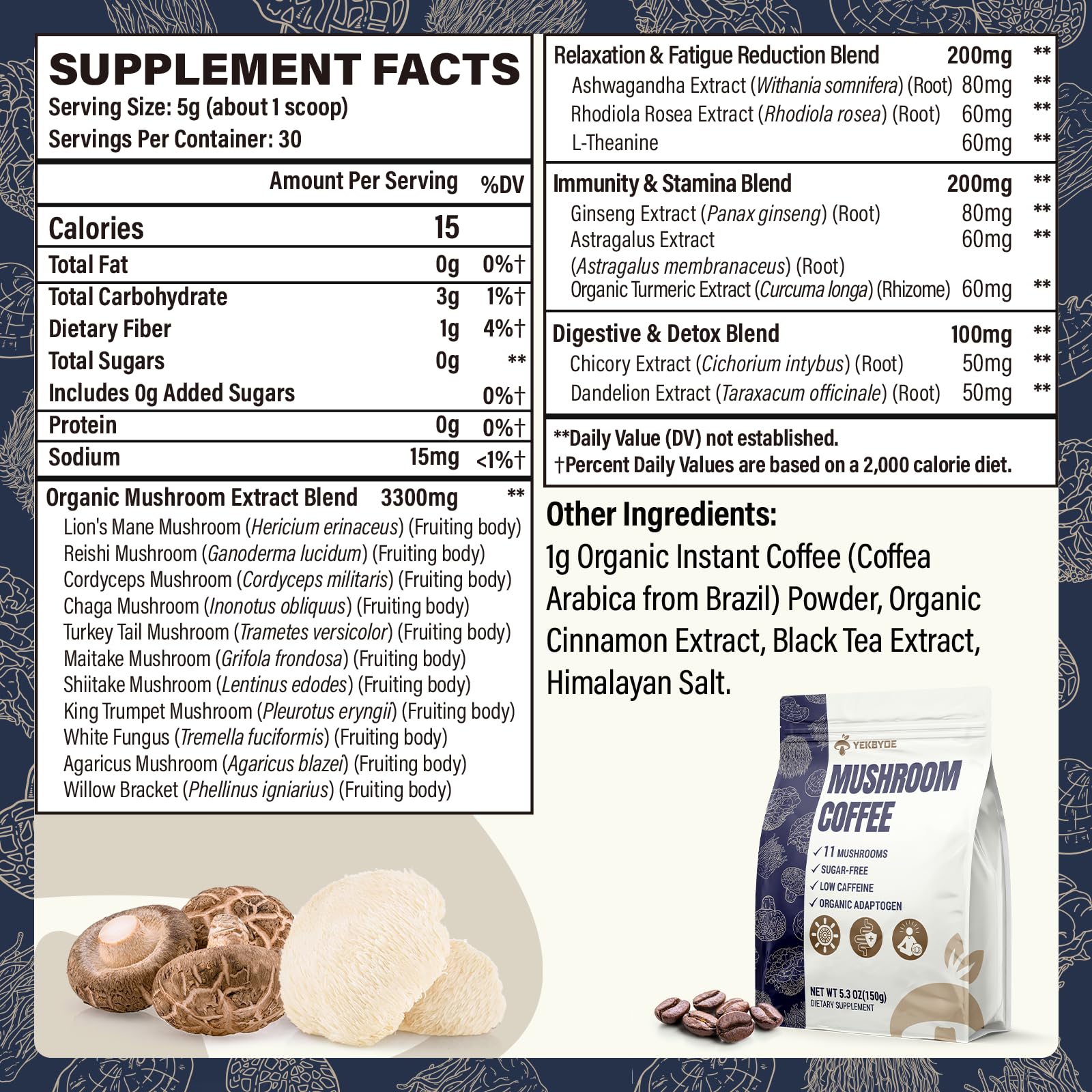 Mushroom Coffee – 11 Superfood Mushrooms with Lion’s Mane, Reishi, Chaga & Ashwagandha | Organic Instant Coffee, Low Caffeine & Sugar Free (5.3oz)