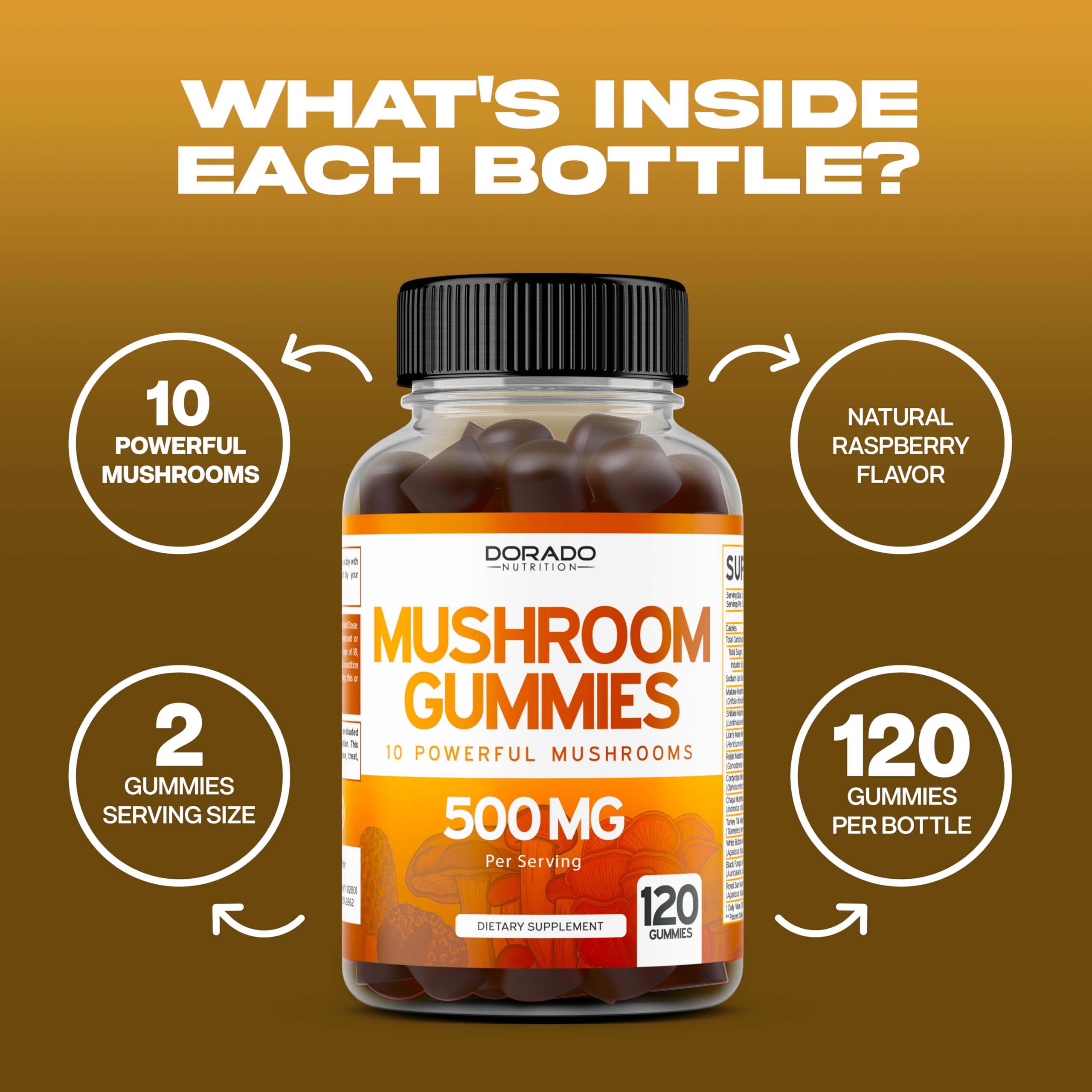 Mushroom Gummies 2500mg - 10-in-1 Focus & Brain Supplement | 120 Gummies (Pack of 2) | Vegan, USA Made