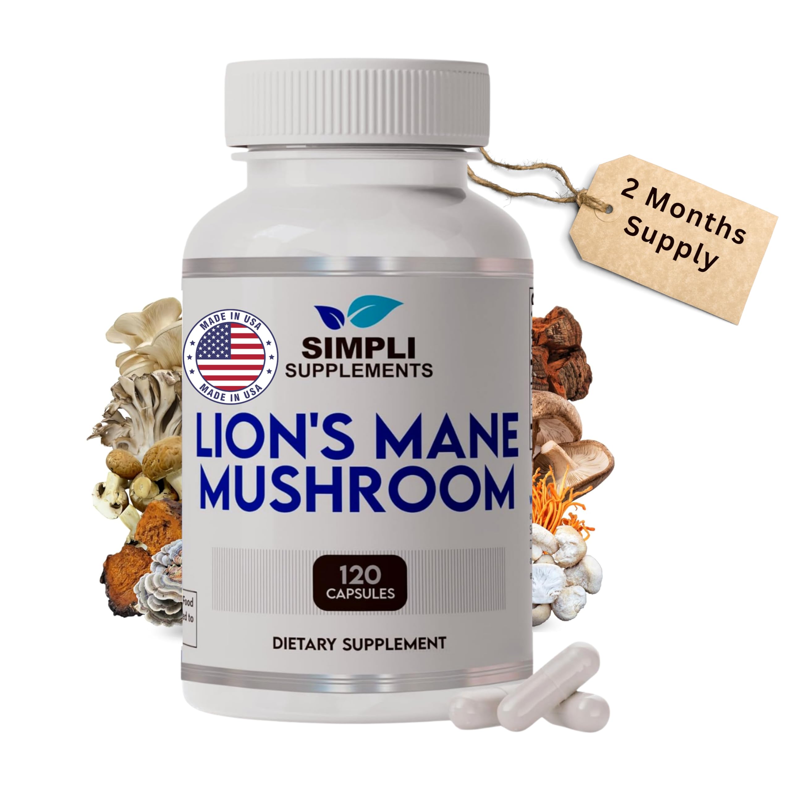 Lion's Mane Mushroom Capsules | Organic Lions Mane for Cognitive Function & Immune Support | 120 Capsules (2-Month Supply) | Vegan