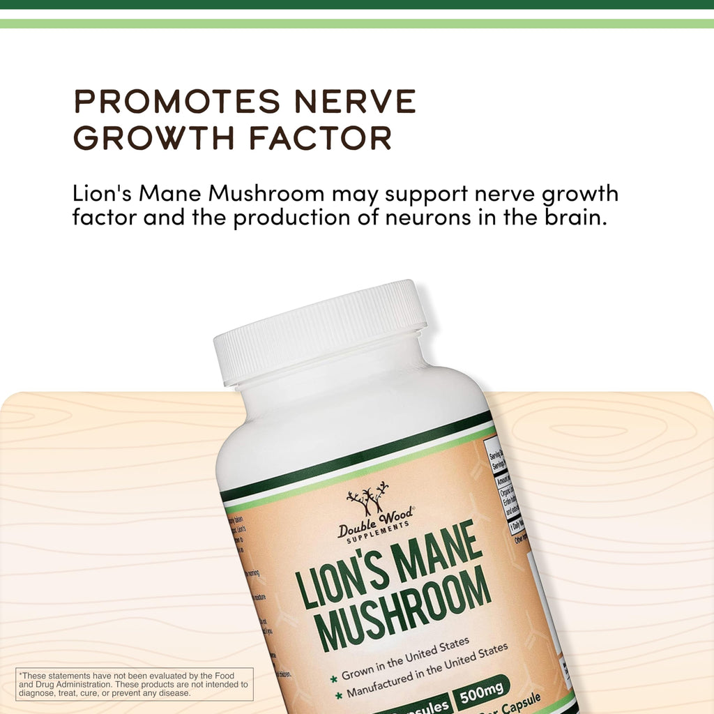 Organic Lions Mane Mushroom Capsules (120 Count), for Focus Support and Immune Health, Third Party Tested and Grown in The USA - by Double Wood