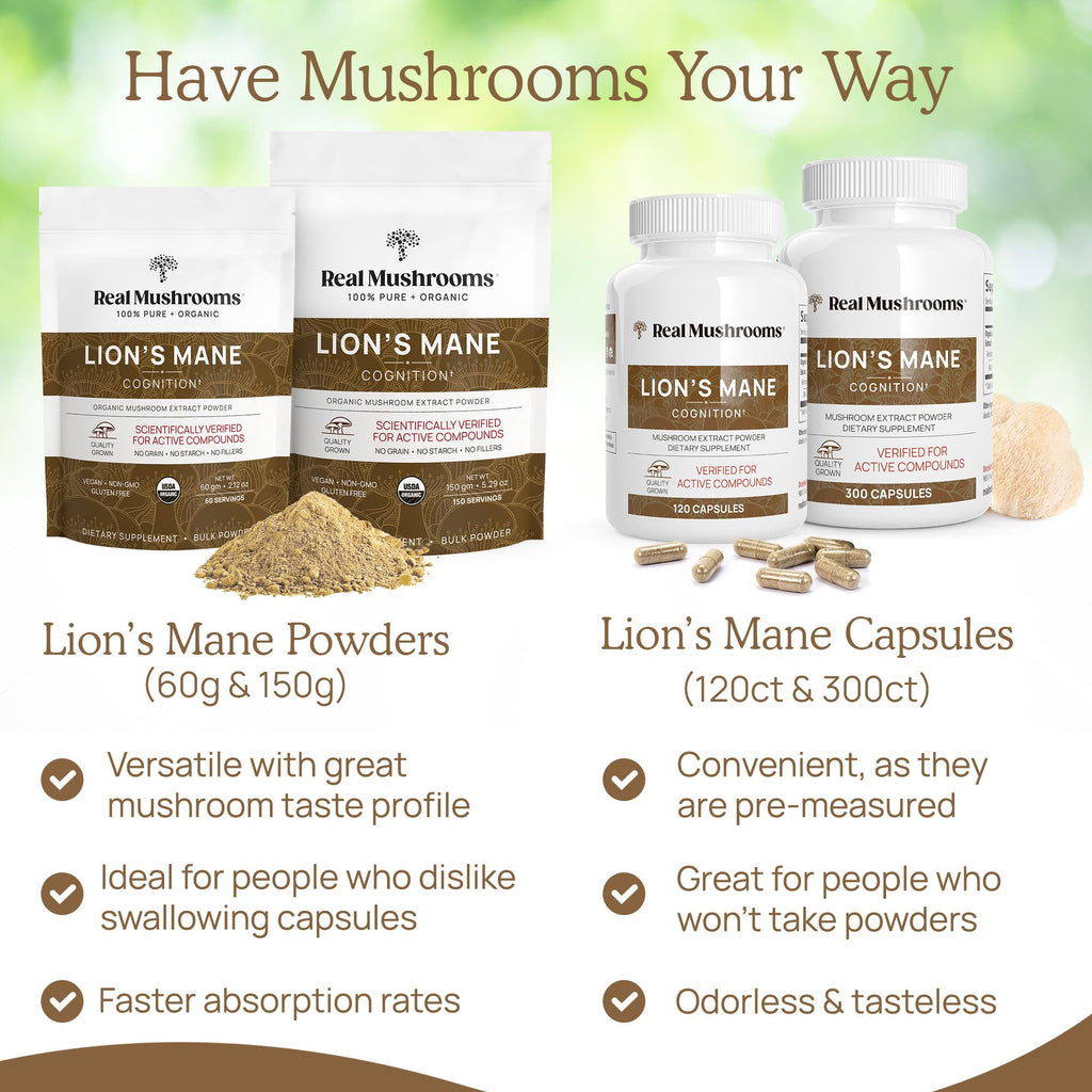 Lions Mane Mushroom Cognition (120 Capsules) Lions Mane Mushroom Powder Extract Capsules | Brain Supplement, Brain Vitamins, Focus Supplement